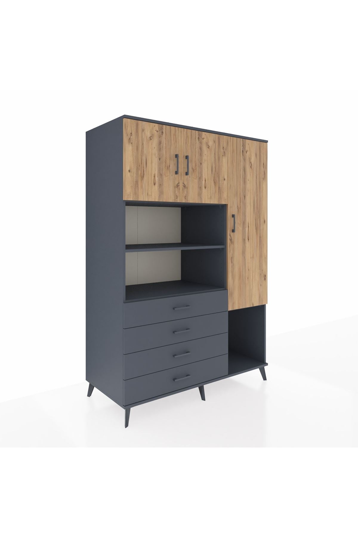 Kronos Dolap 8 Raflı 4 Çekmeceli 3 Kapaklı 132x59x195 Antrasit-Çam/Antrasit