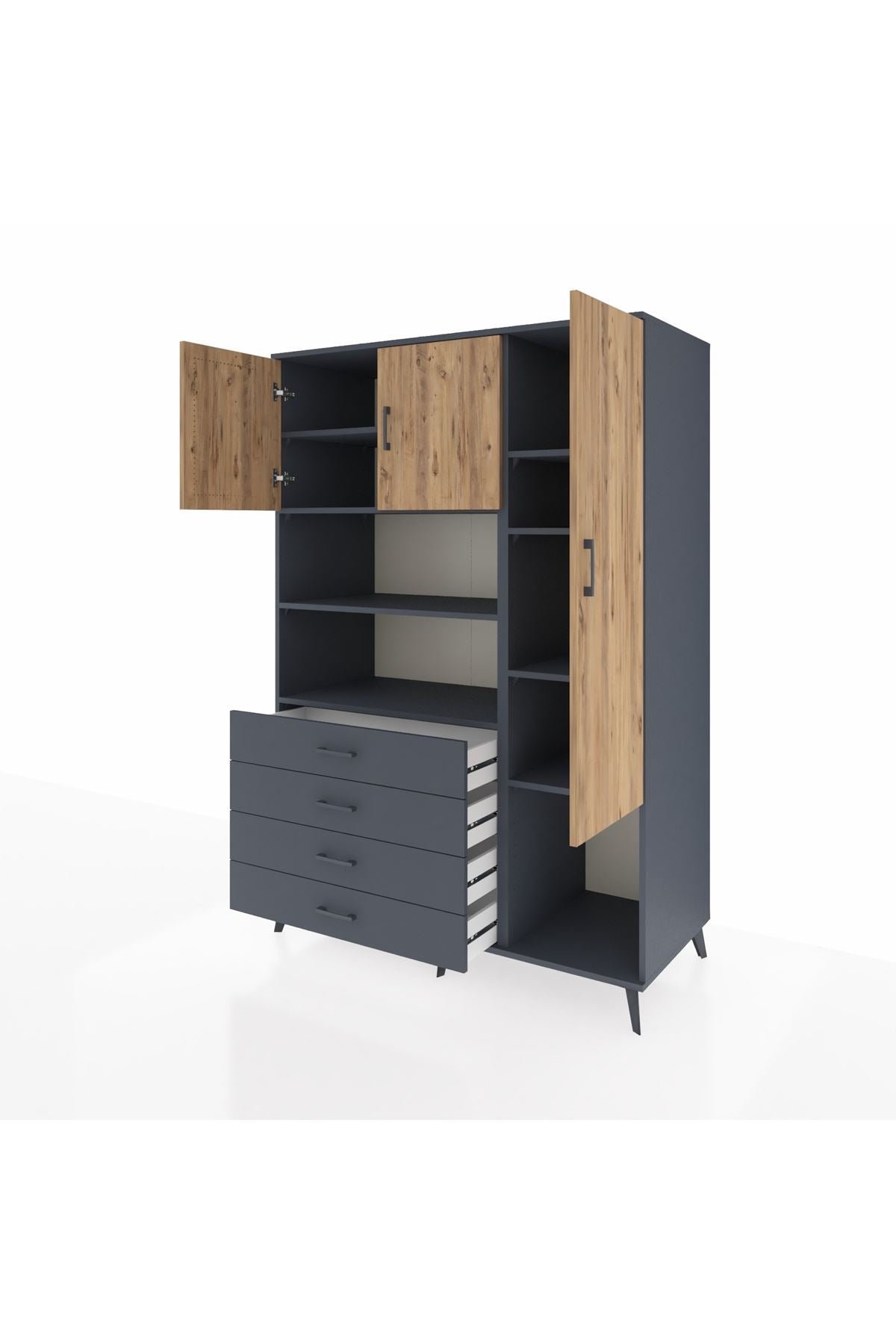 Kronos Dolap 8 Raflı 4 Çekmeceli 3 Kapaklı 132x59x195 Antrasit-Çam/Antrasit