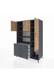 Kronos Dolap 8 Raflı 4 Çekmeceli 3 Kapaklı 132x59x195 Antrasit-Çam/Antrasit