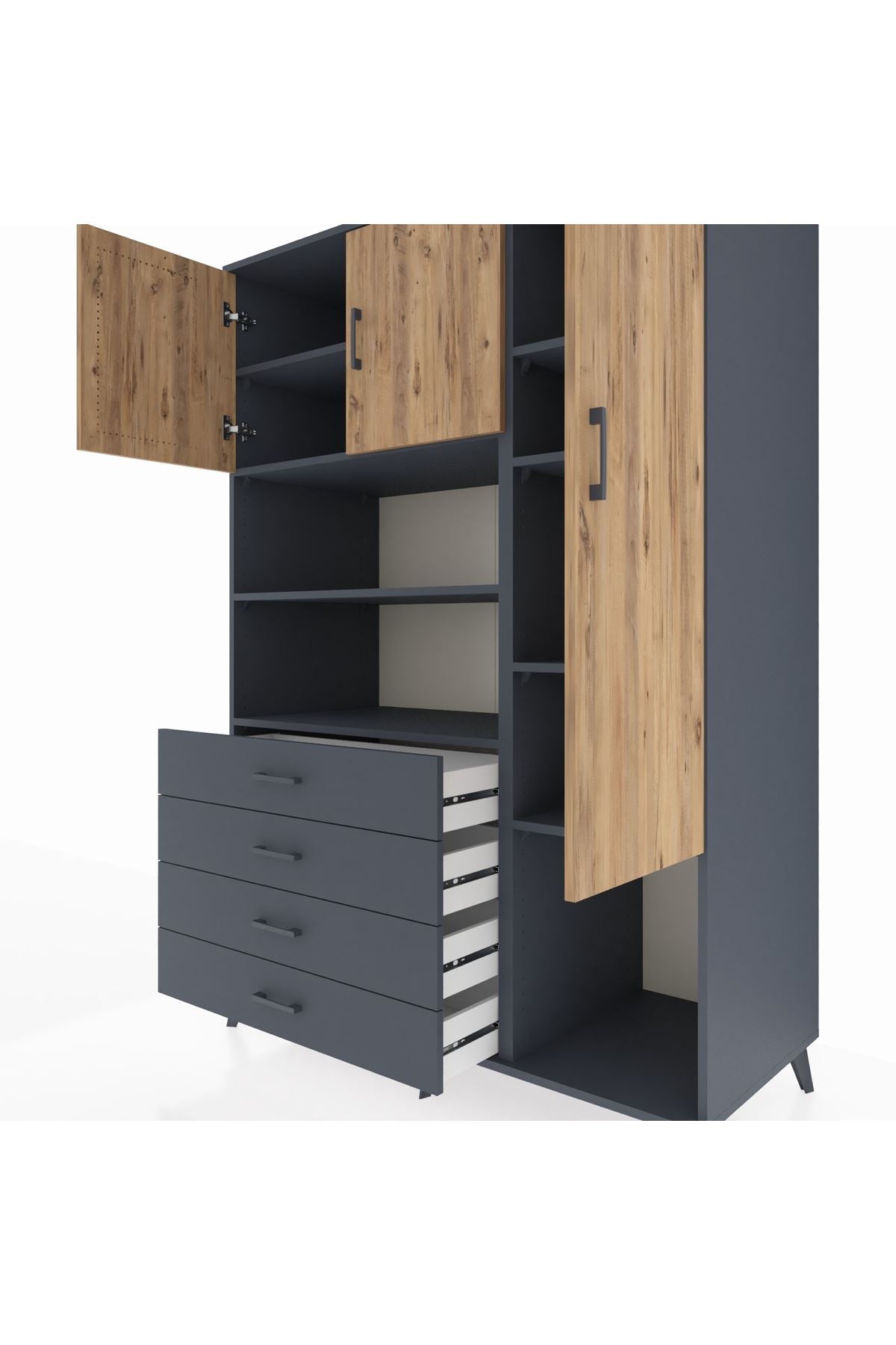 Kronos Dolap 8 Raflı 4 Çekmeceli 3 Kapaklı 132x59x195 Antrasit-Çam/Antrasit