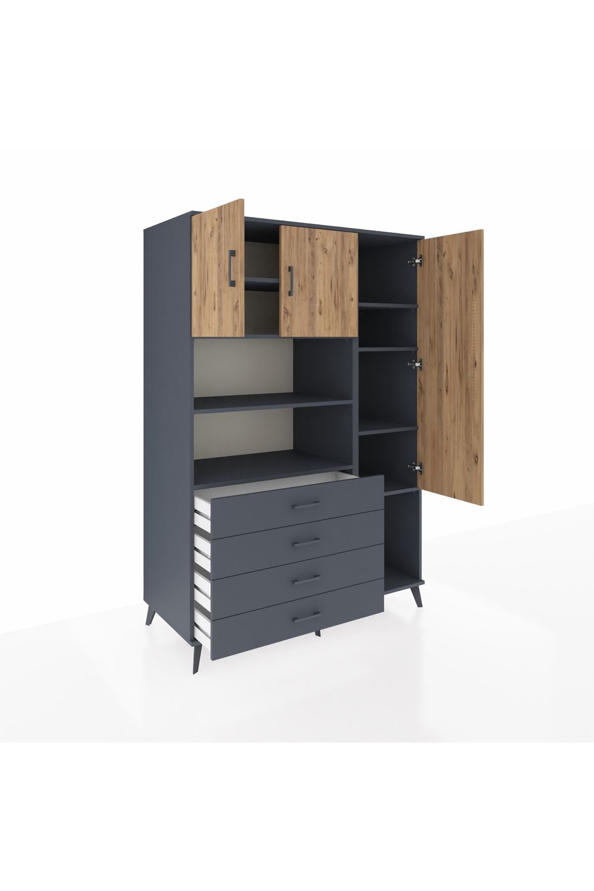 Kronos Dolap 8 Raflı 4 Çekmeceli 3 Kapaklı 132x59x195 Antrasit-Çam/Antrasit