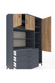 Kronos Dolap 8 Raflı 4 Çekmeceli 3 Kapaklı 132x59x195 Antrasit-Çam/Antrasit