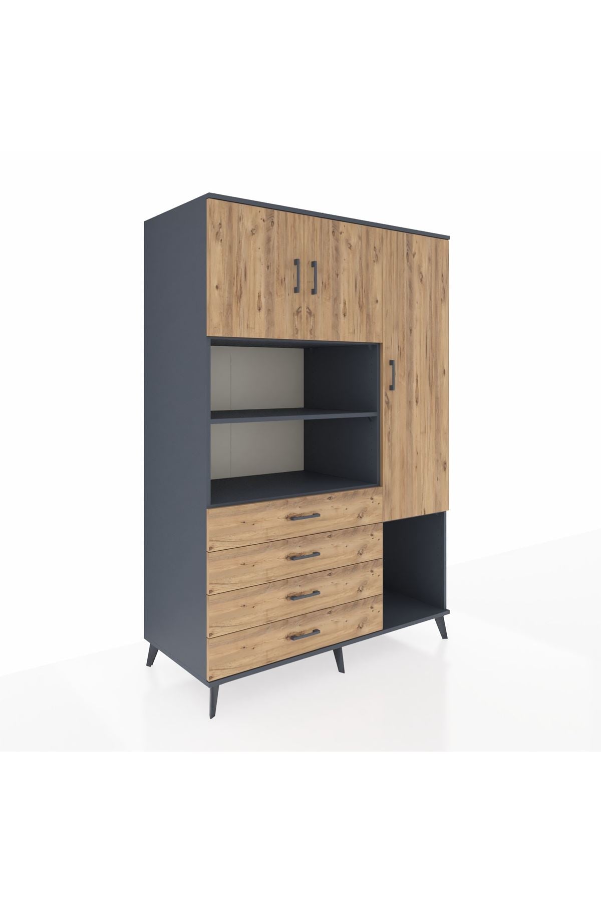 Kronos Dolap 8 Raflı 4 Çekmeceli 3 Kapaklı 132x59x195 Antrasit-Çam/Çam