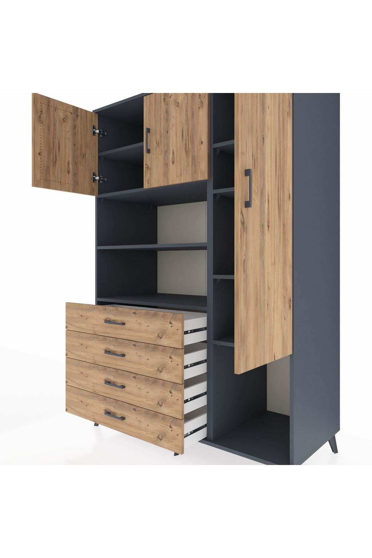 Kronos Dolap 8 Raflı 4 Çekmeceli 3 Kapaklı 132x59x195 Antrasit-Çam/Çam