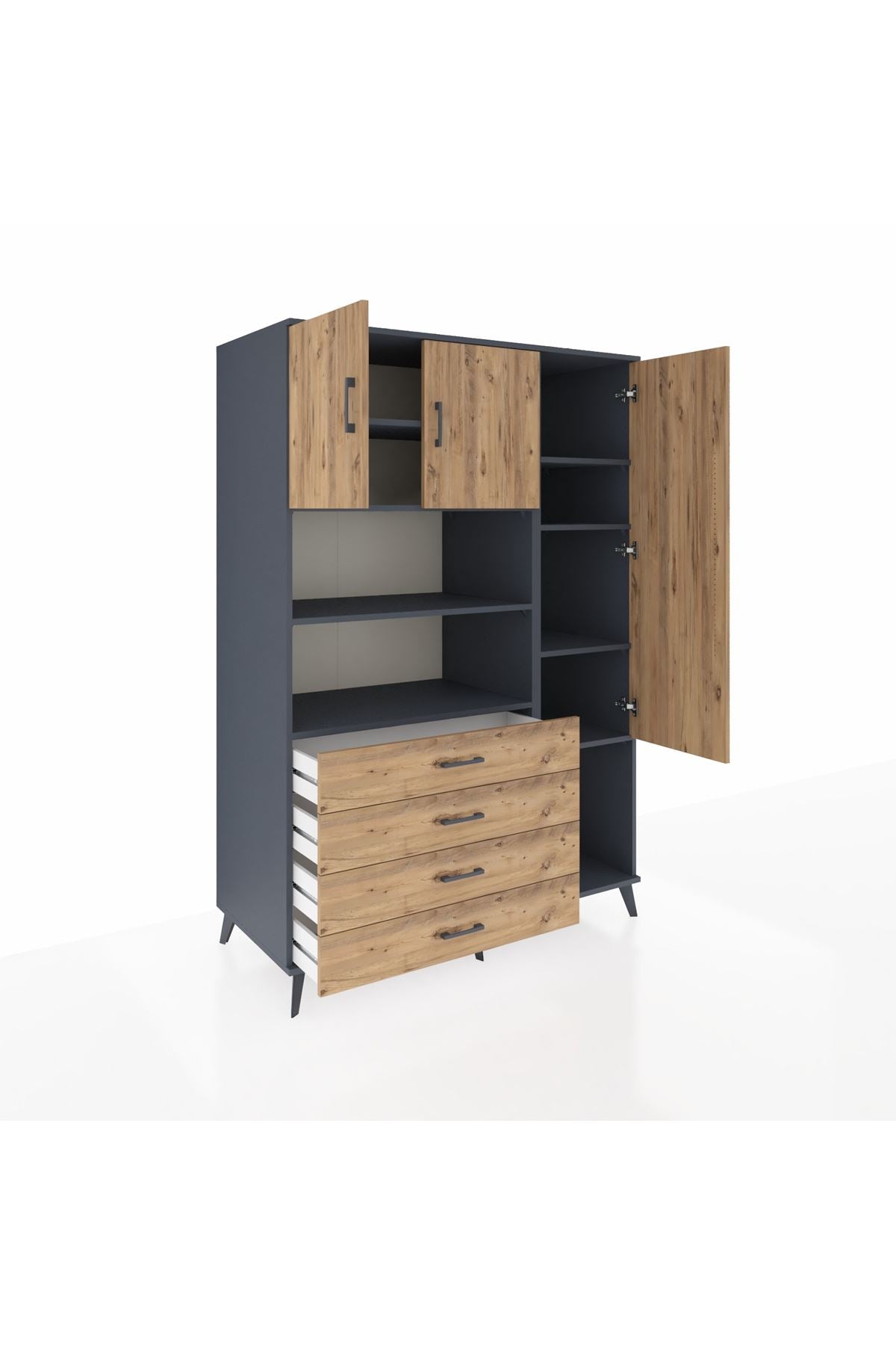 Kronos Dolap 8 Raflı 4 Çekmeceli 3 Kapaklı 132x59x195 Antrasit-Çam/Çam