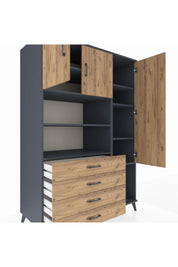 Kronos Dolap 8 Raflı 4 Çekmeceli 3 Kapaklı 132x59x195 Antrasit-Çam/Çam