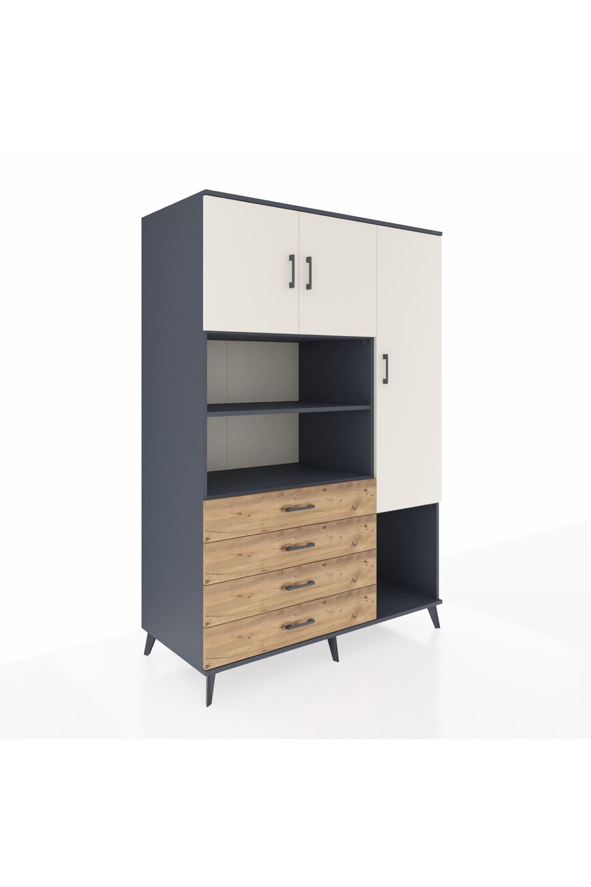 Kronos Dolap 8 Raflı 4 Çekmeceli 3 Kapaklı 132x59x195 Antrasit-Aytaşı/Çam