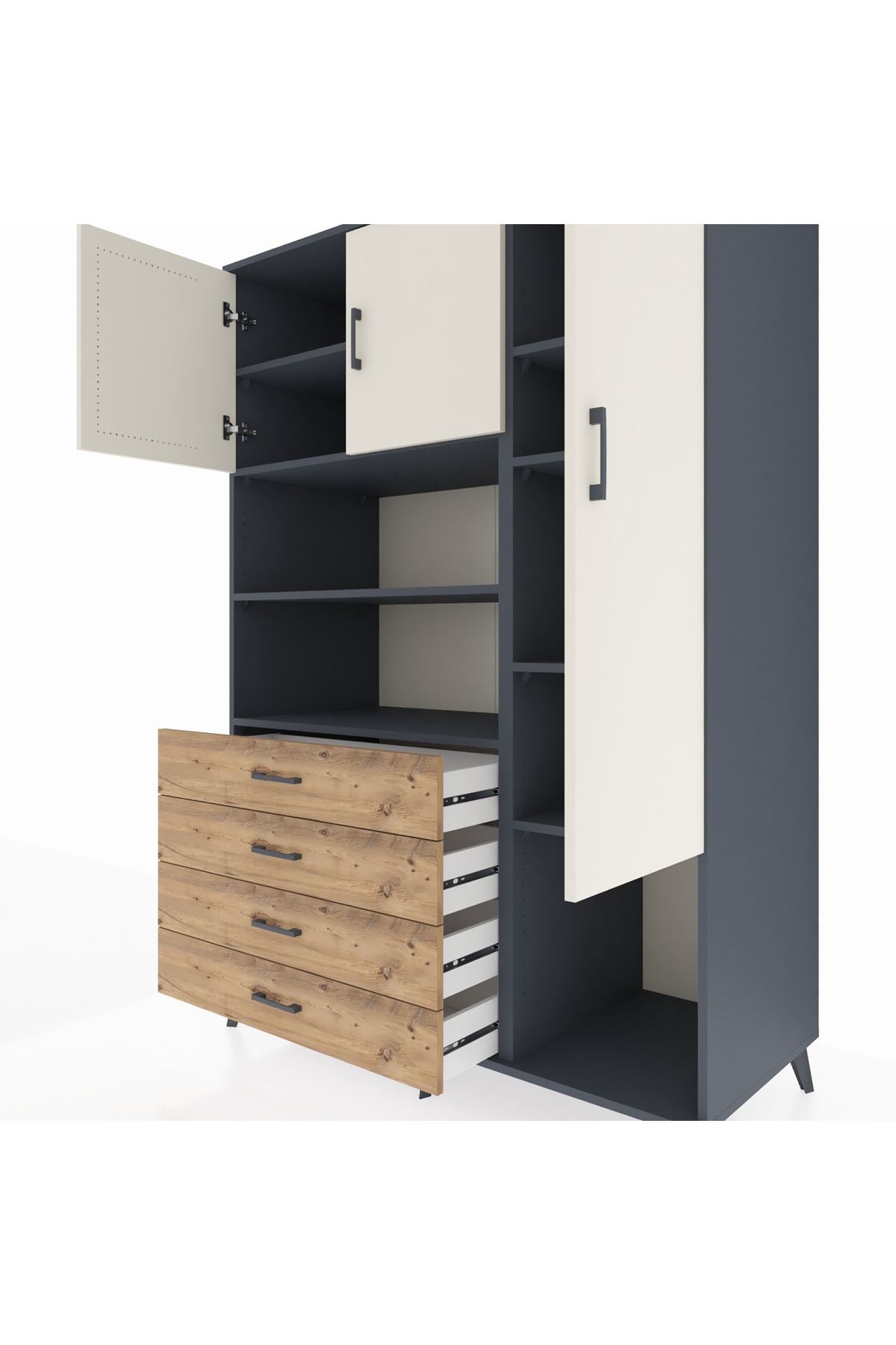Kronos Dolap 8 Raflı 4 Çekmeceli 3 Kapaklı 132x59x195 Antrasit-Aytaşı/Çam