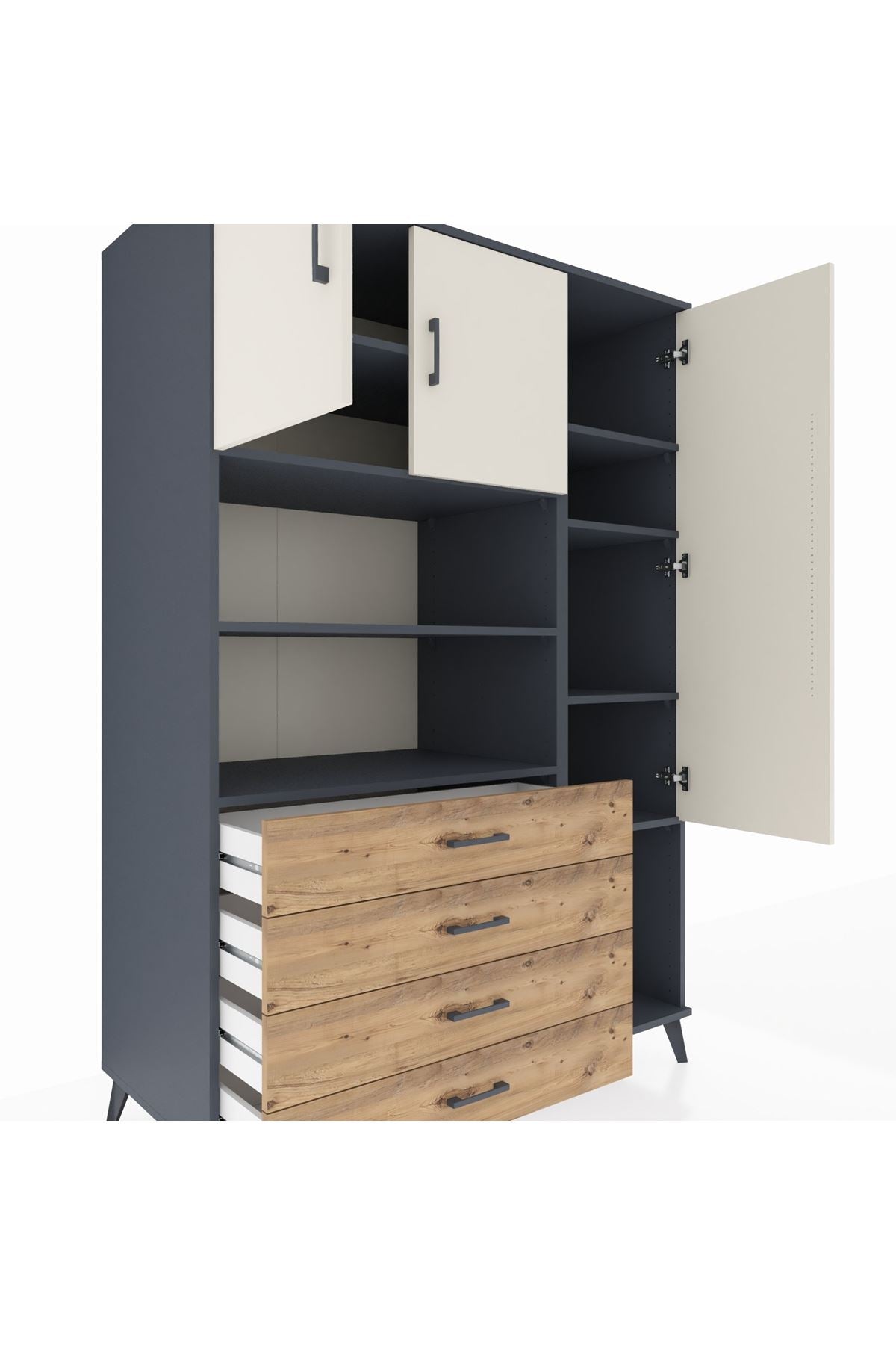 Kronos Dolap 8 Raflı 4 Çekmeceli 3 Kapaklı 132x59x195 Antrasit-Aytaşı/Çam