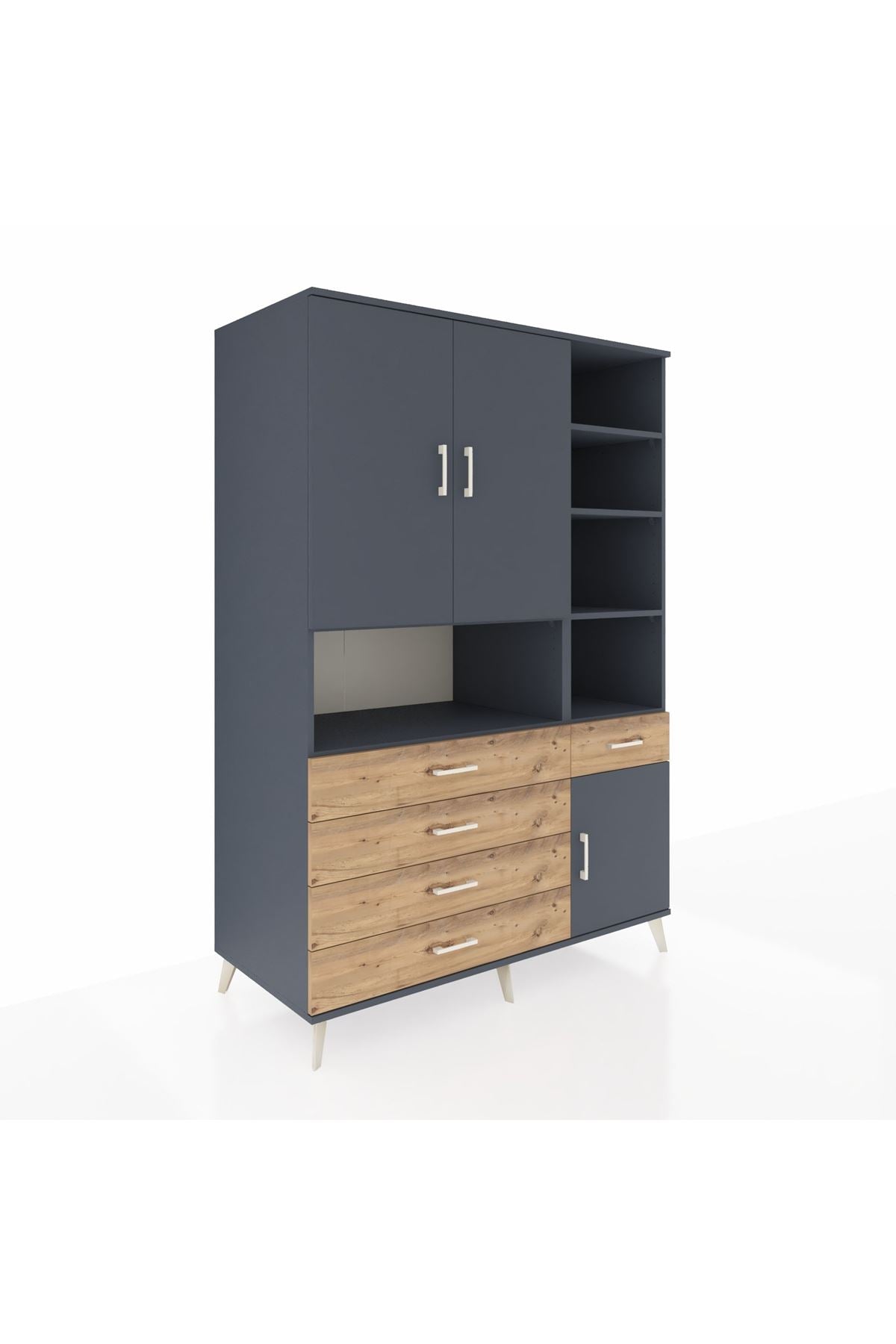 Kronos Dolap 8 Raflı 5 Çekmeceli 3 Kapaklı 132x59x195 Antrasit-Antrasit/Çam