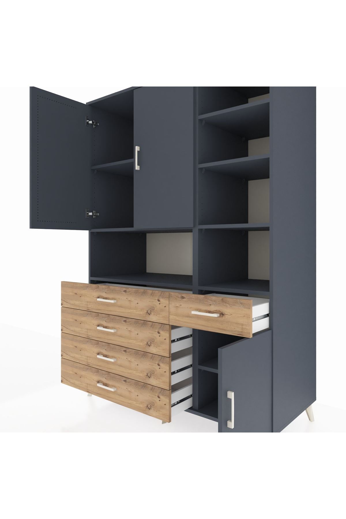 Kronos Dolap 8 Raflı 5 Çekmeceli 3 Kapaklı 132x59x195 Antrasit-Antrasit/Çam