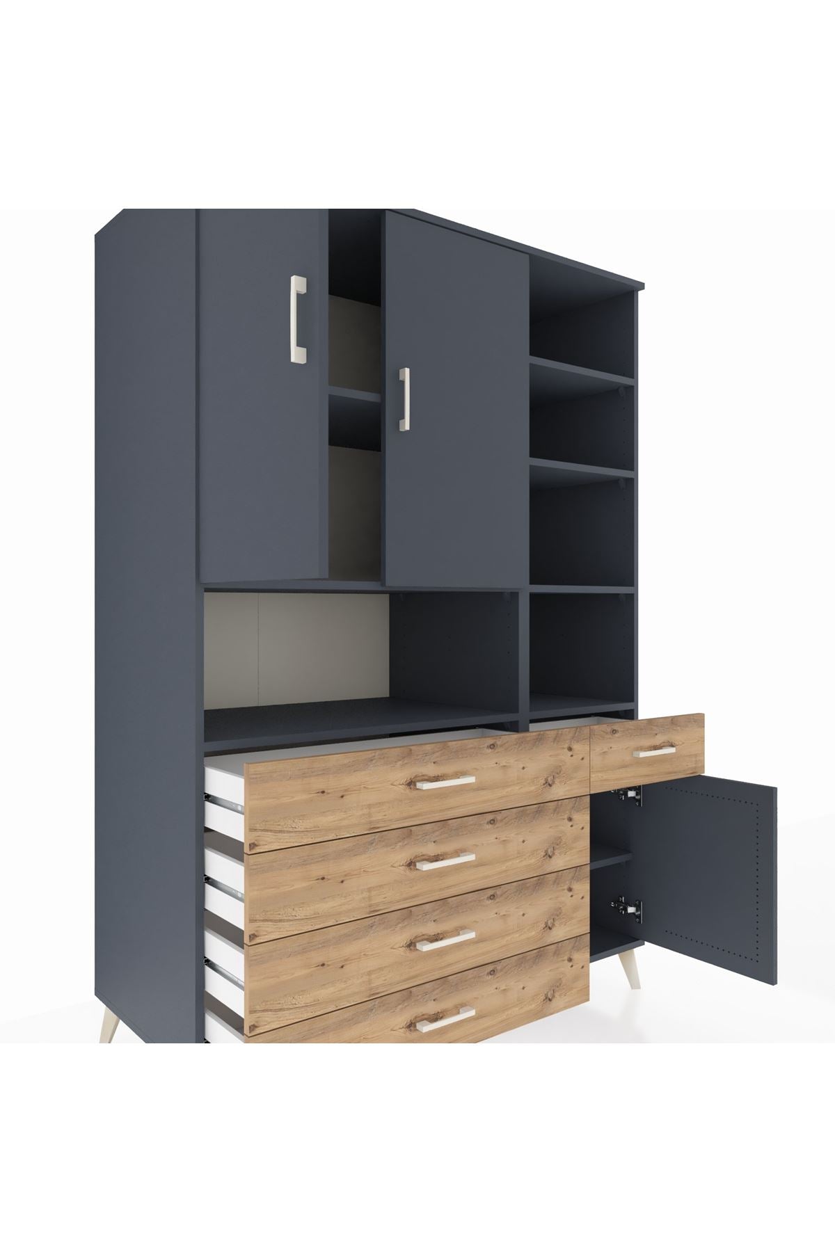 Kronos Dolap 8 Raflı 5 Çekmeceli 3 Kapaklı 132x59x195 Antrasit-Antrasit/Çam