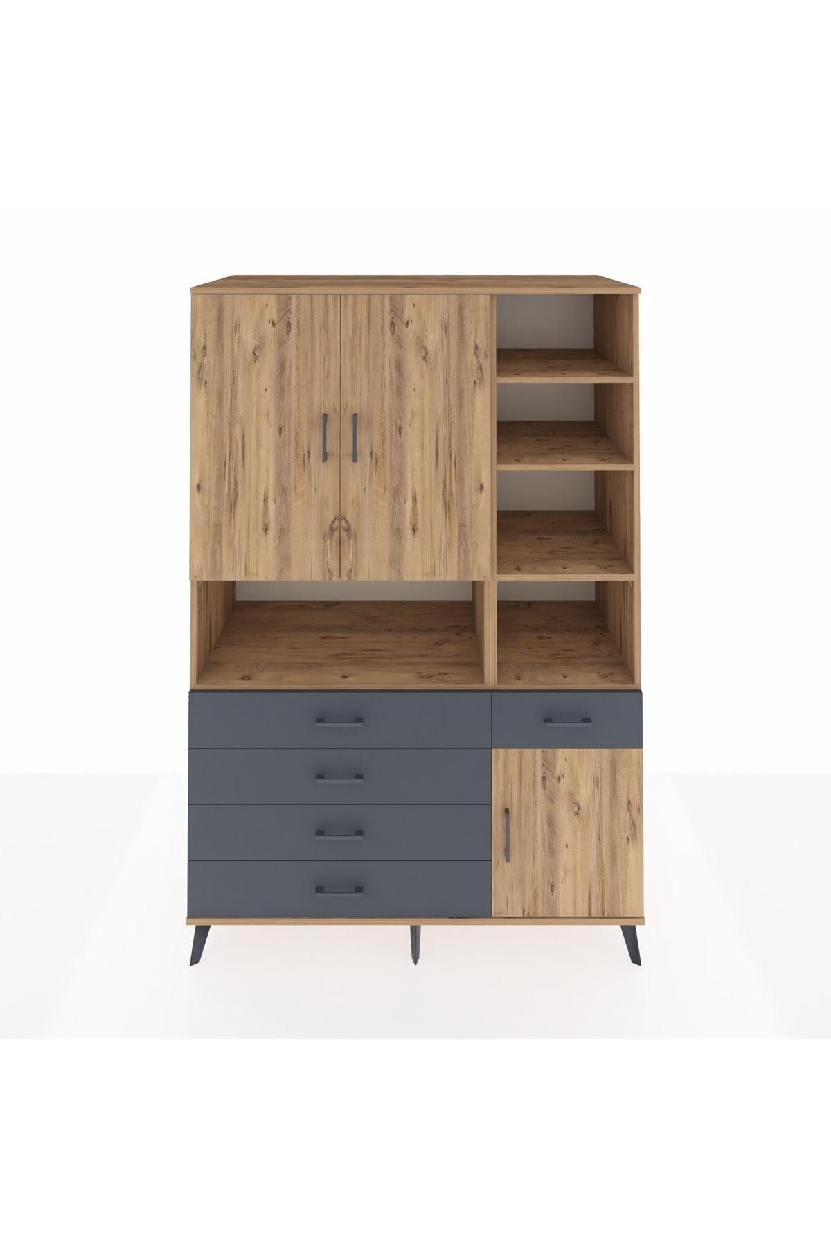 Kronos Dolap 8 Raflı 5 Çekmeceli 3 Kapaklı 132x59x195 Çam-Çam/Antrasit