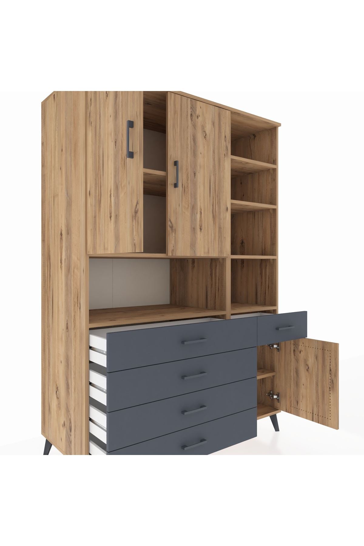 Kronos Dolap 8 Raflı 5 Çekmeceli 3 Kapaklı 132x59x195 Çam-Çam/Antrasit