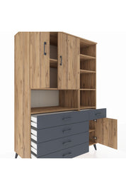 Kronos Dolap 8 Raflı 5 Çekmeceli 3 Kapaklı 132x59x195 Çam-Çam/Antrasit