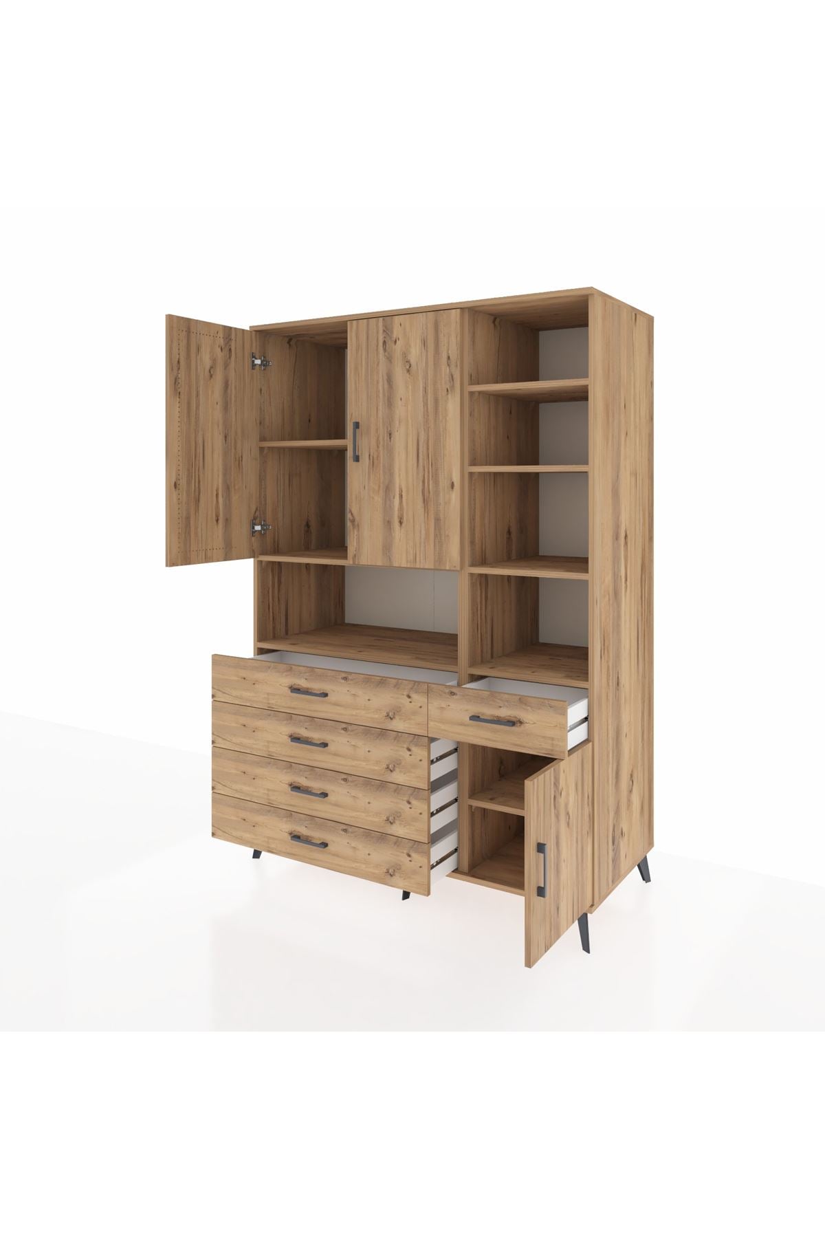 Kronos Dolap 8 Raflı 5 Çekmeceli 3 Kapaklı 132x59x195 Çam-Çam/Çam