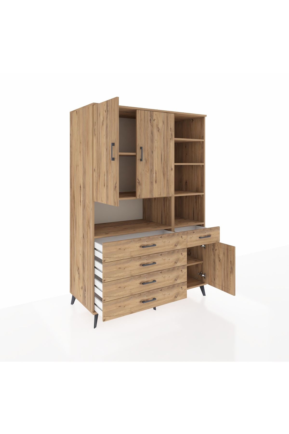 Kronos Dolap 8 Raflı 5 Çekmeceli 3 Kapaklı 132x59x195 Çam-Çam/Çam