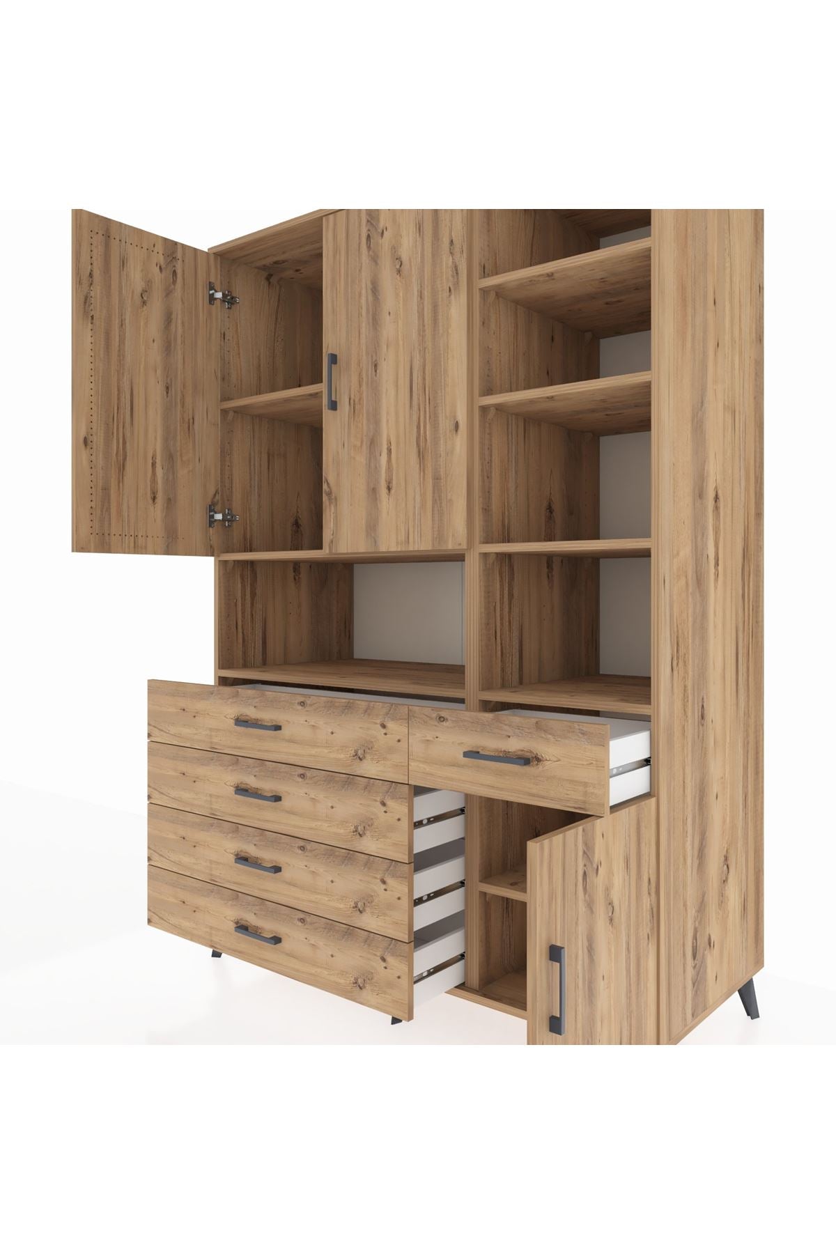 Kronos Dolap 8 Raflı 5 Çekmeceli 3 Kapaklı 132x59x195 Çam-Çam/Çam