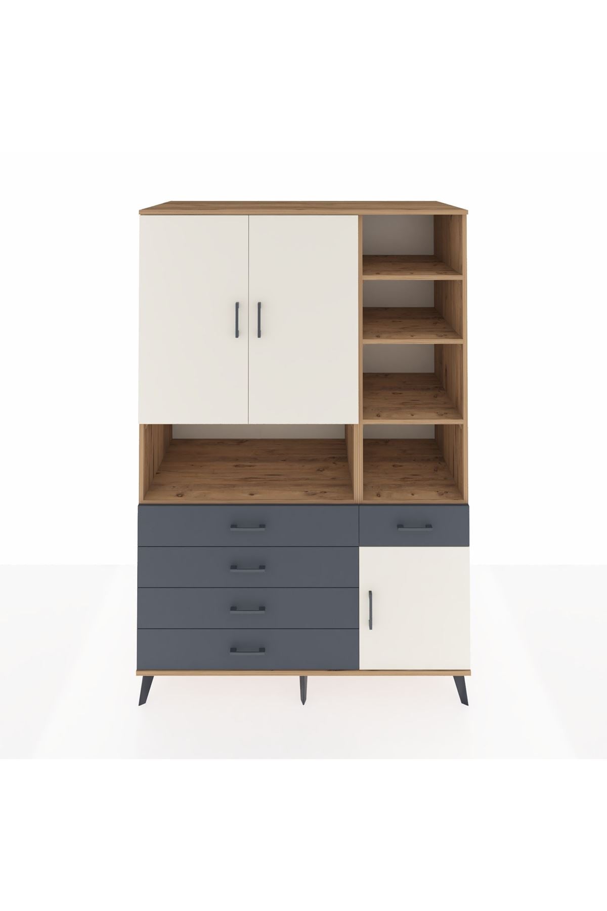 Kronos Dolap 8 Raflı 5 Çekmeceli 3 Kapaklı 132x59x195 Çam-Aytaşı/Antrasit