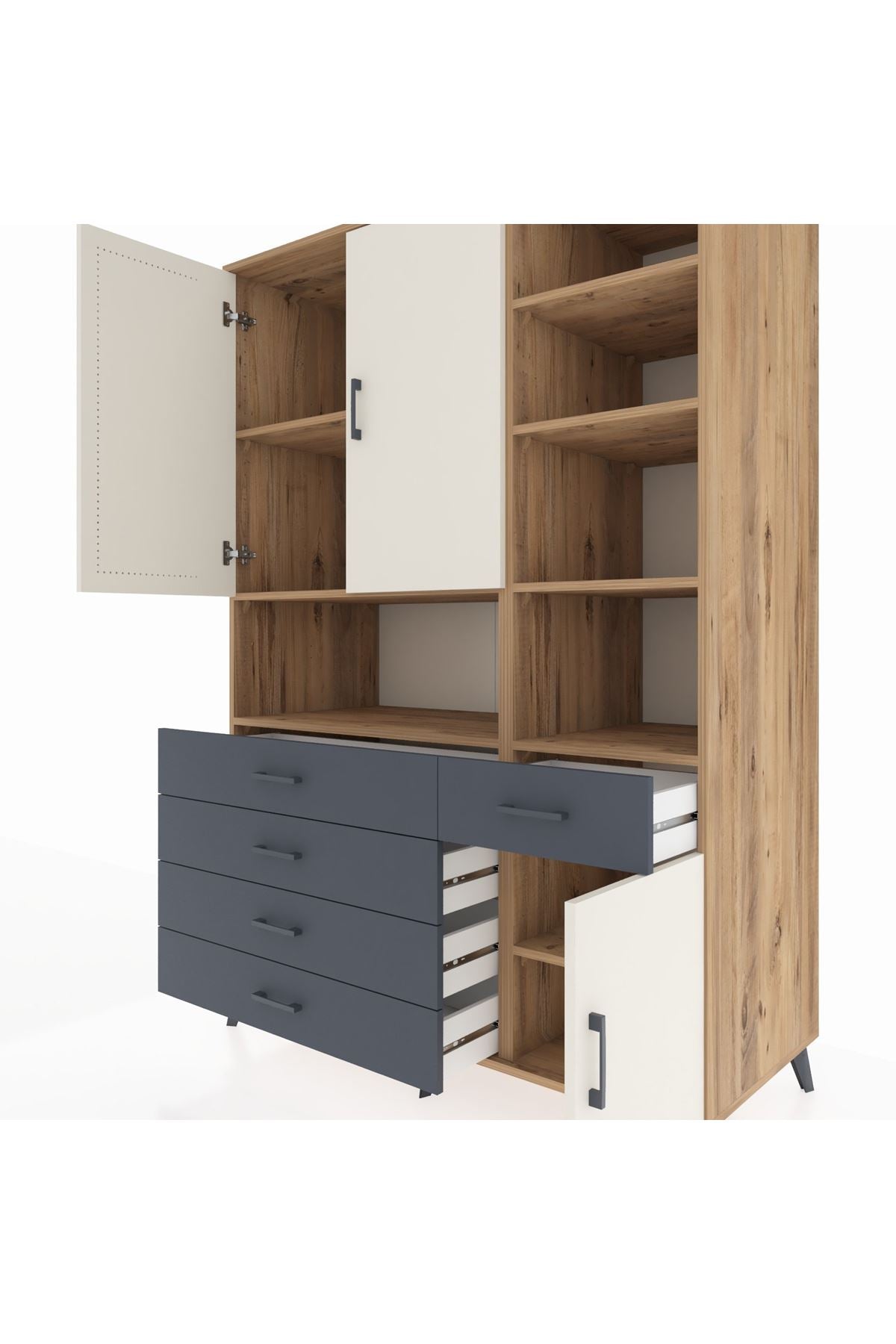 Kronos Dolap 8 Raflı 5 Çekmeceli 3 Kapaklı 132x59x195 Çam-Aytaşı/Antrasit