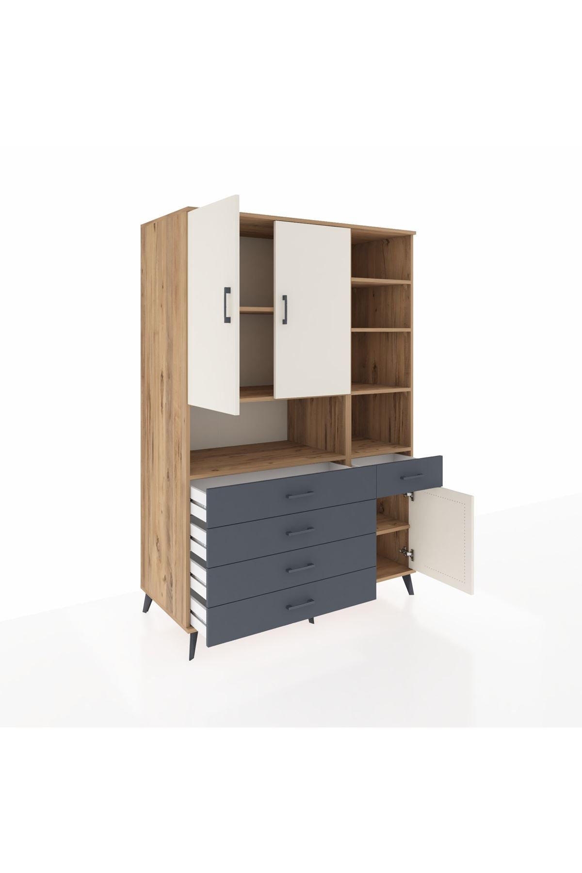 Kronos Dolap 8 Raflı 5 Çekmeceli 3 Kapaklı 132x59x195 Çam-Aytaşı/Antrasit