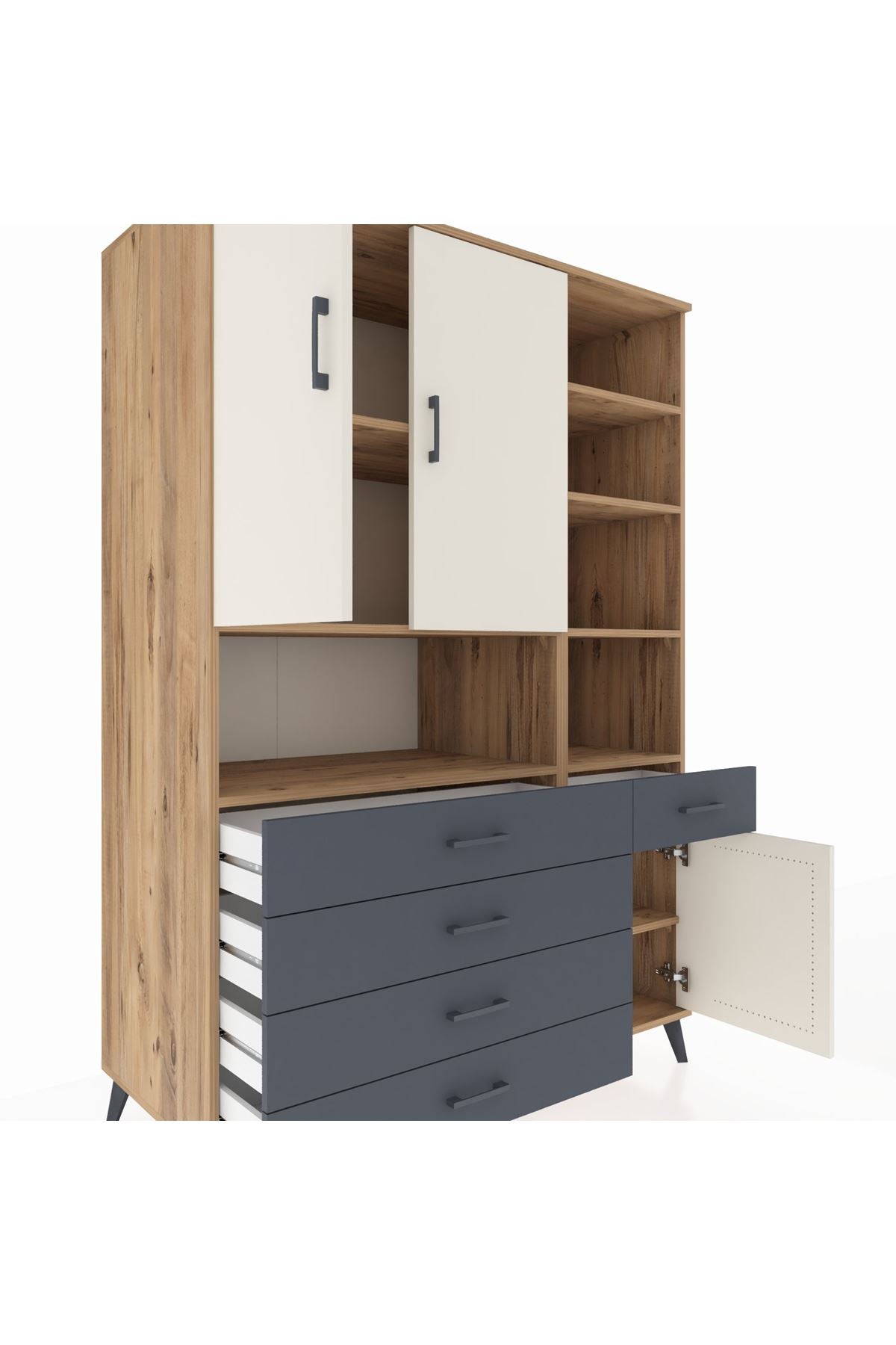 Kronos Dolap 8 Raflı 5 Çekmeceli 3 Kapaklı 132x59x195 Çam-Aytaşı/Antrasit