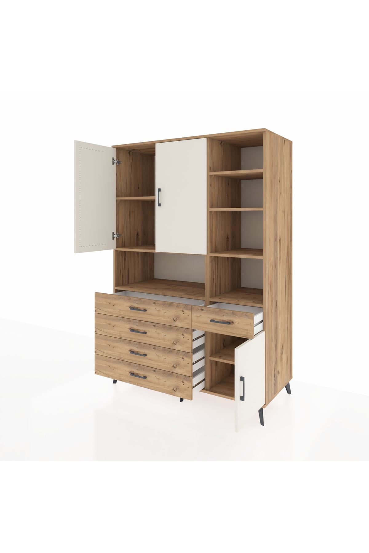 Kronos Dolap 8 Raflı 5 Çekmeceli 3 Kapaklı 132x59x195 Çam-Aytaşı/Çam