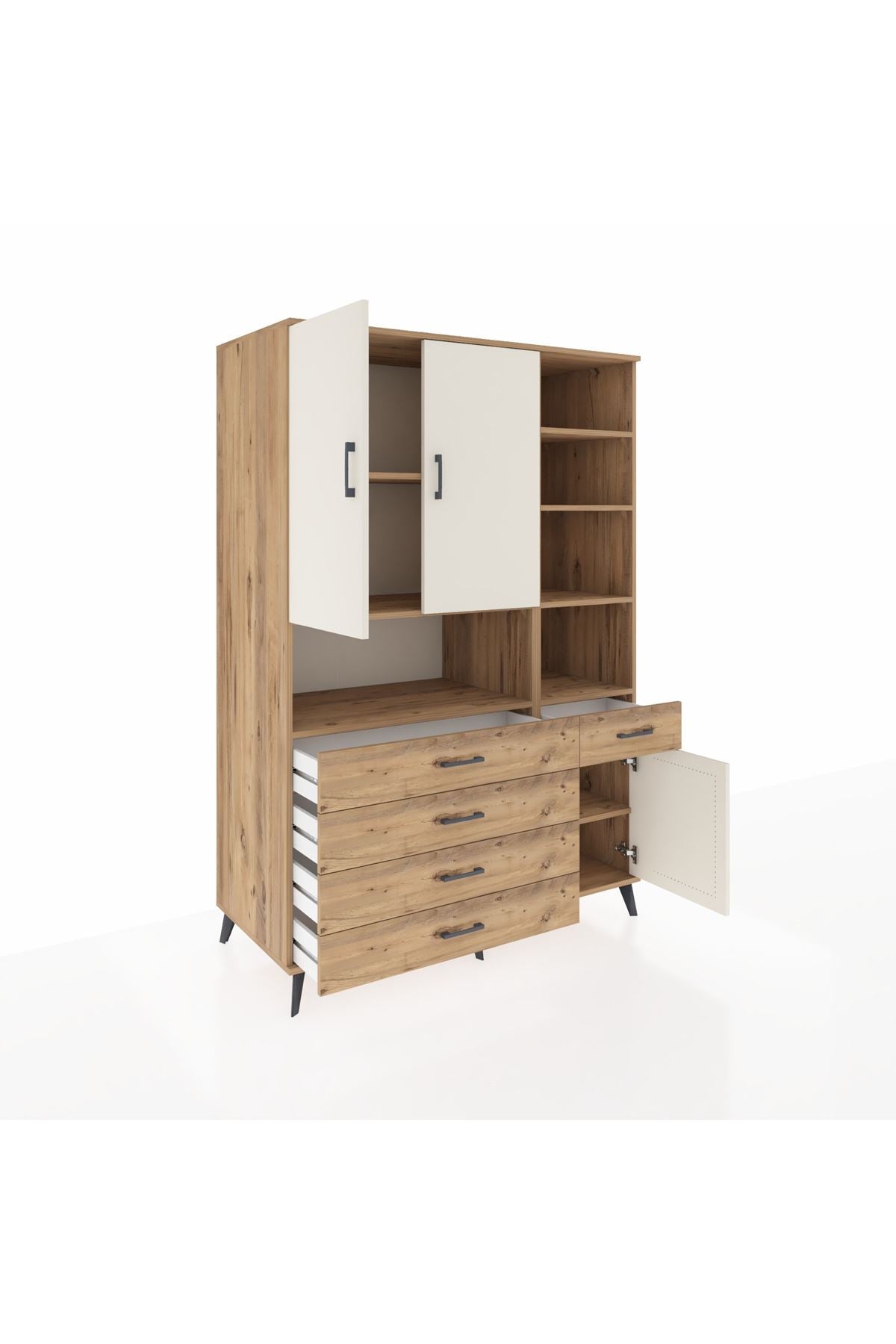 Kronos Dolap 8 Raflı 5 Çekmeceli 3 Kapaklı 132x59x195 Çam-Aytaşı/Çam