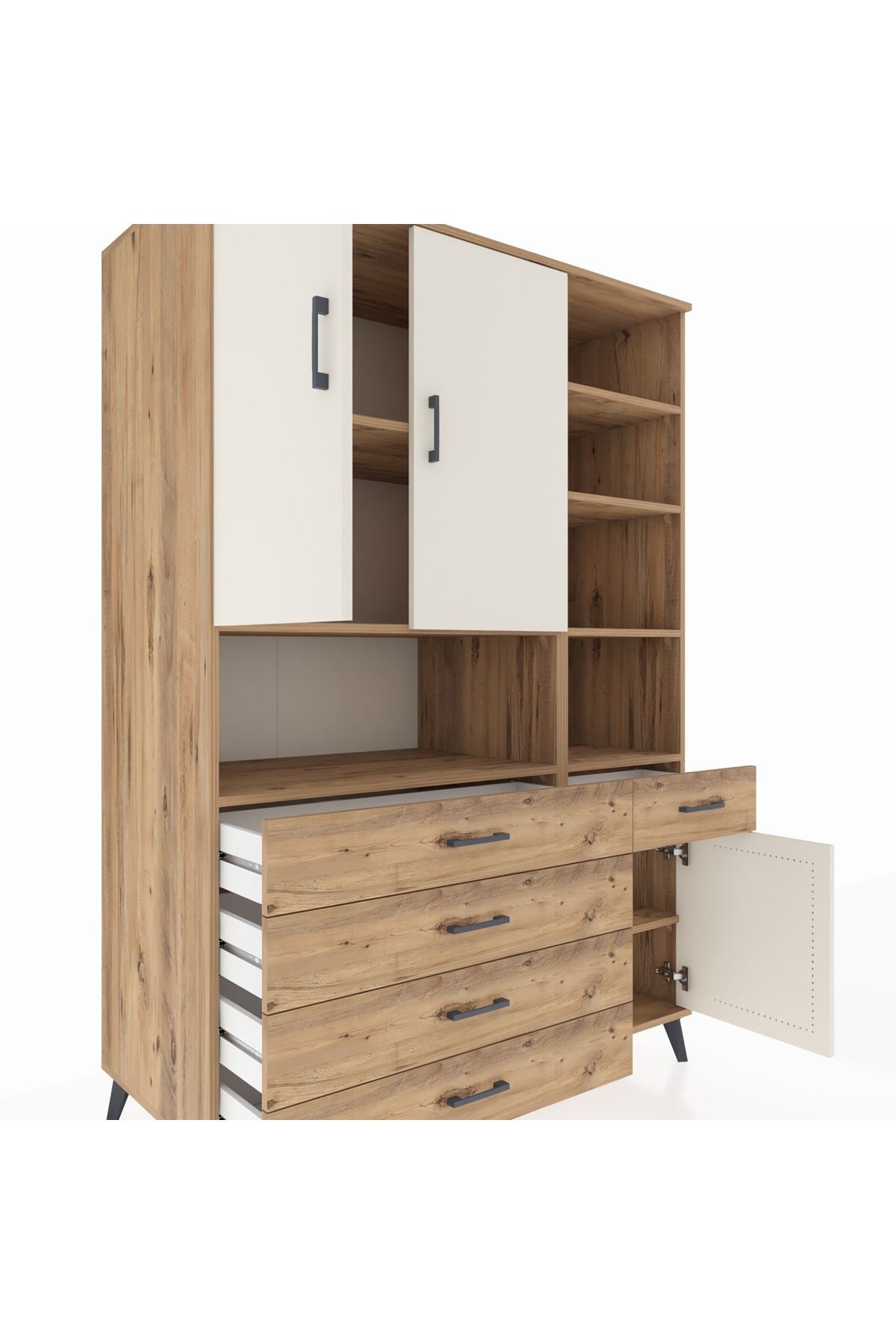 Kronos Dolap 8 Raflı 5 Çekmeceli 3 Kapaklı 132x59x195 Çam-Aytaşı/Çam