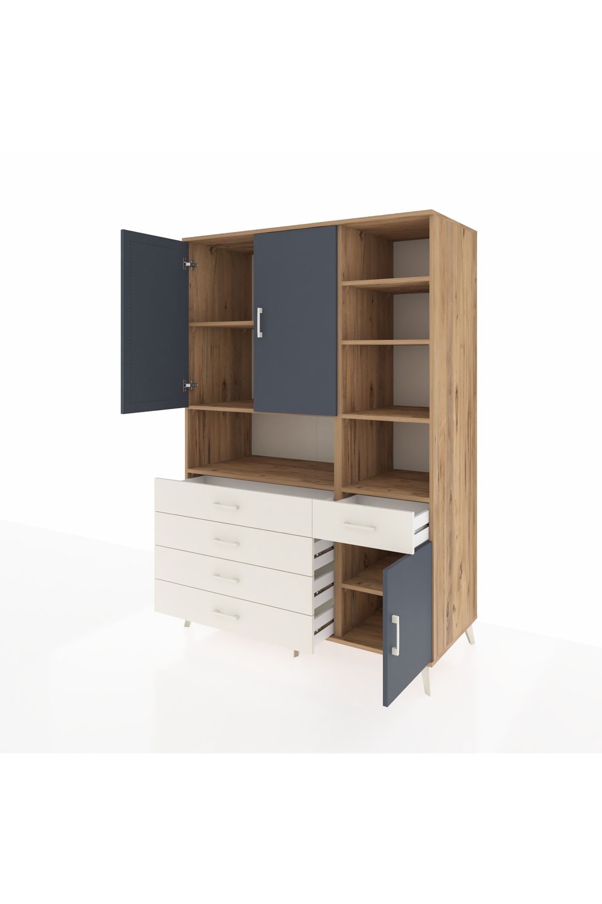 Kronos Dolap 8 Raflı 5 Çekmeceli 3 Kapaklı 132x59x195 Çam-Antrasit/Aytaşı