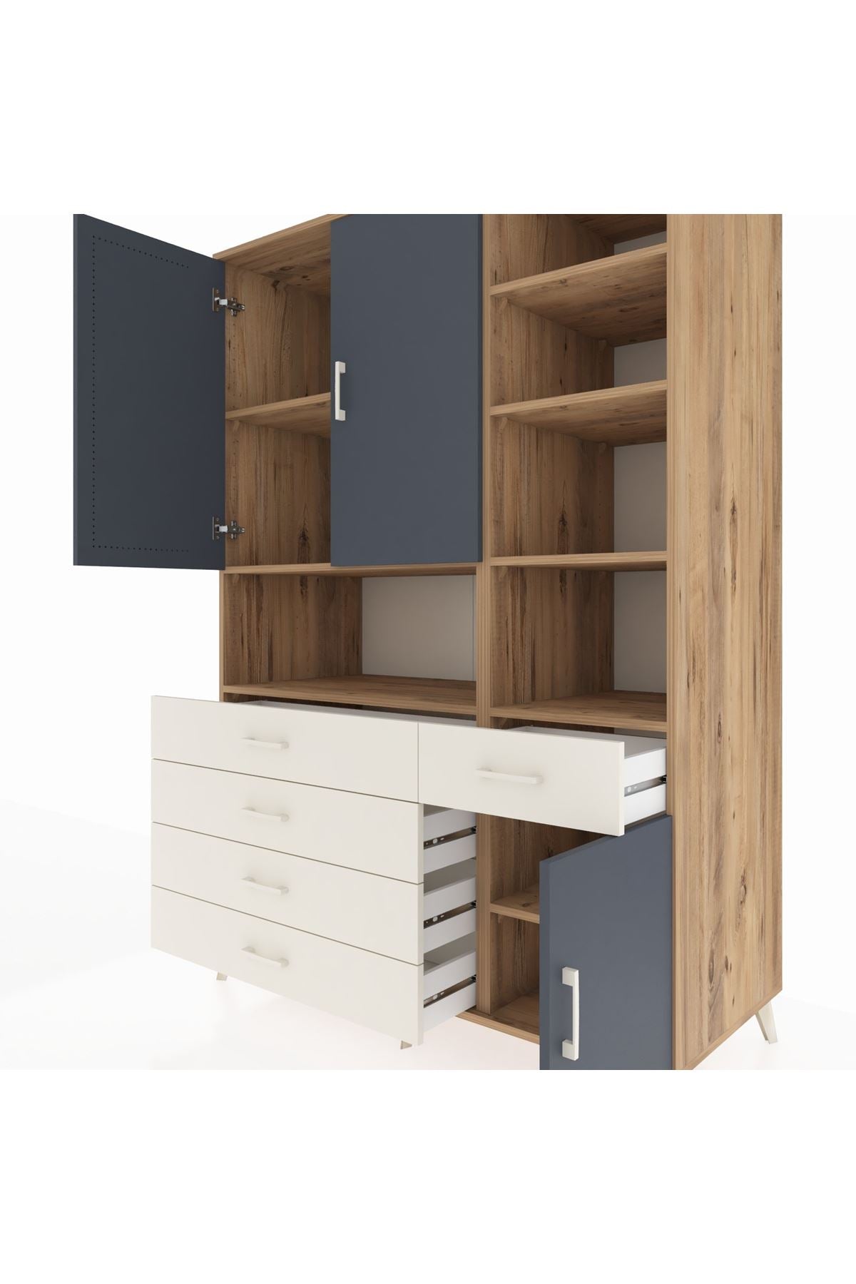 Kronos Dolap 8 Raflı 5 Çekmeceli 3 Kapaklı 132x59x195 Çam-Antrasit/Aytaşı