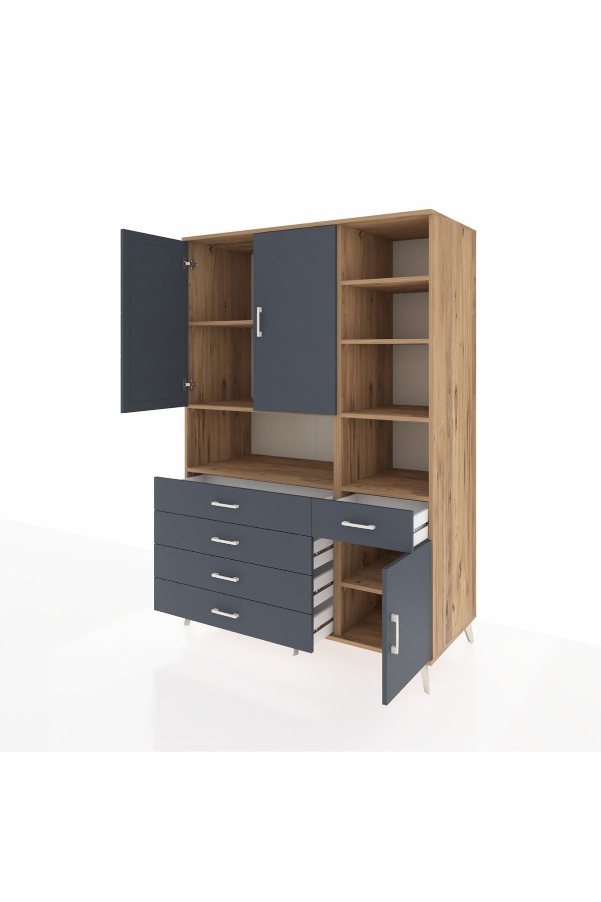 Kronos Dolap 8 Raflı 5 Çekmeceli 3 Kapaklı 132x59x195 Çam-Antrasit/Antrasit