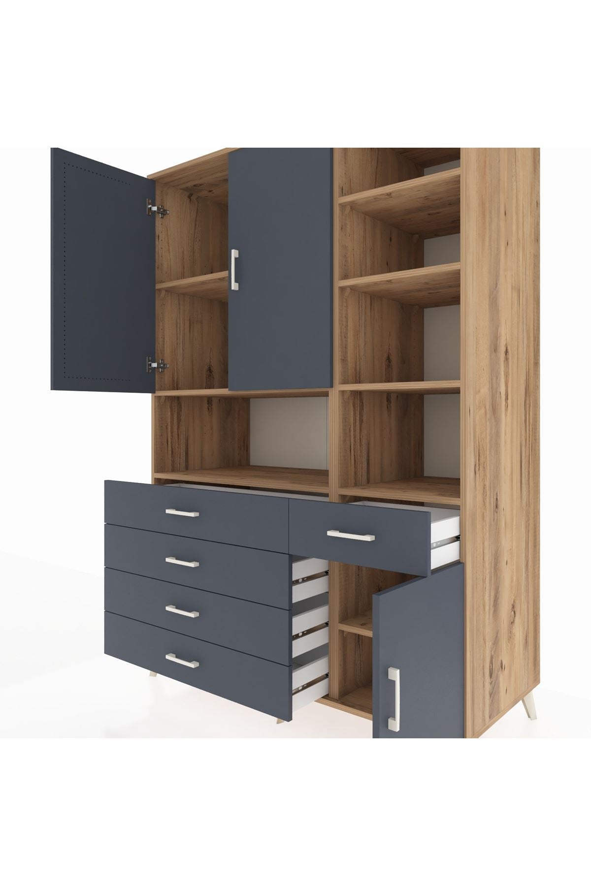 Kronos Dolap 8 Raflı 5 Çekmeceli 3 Kapaklı 132x59x195 Çam-Antrasit/Antrasit