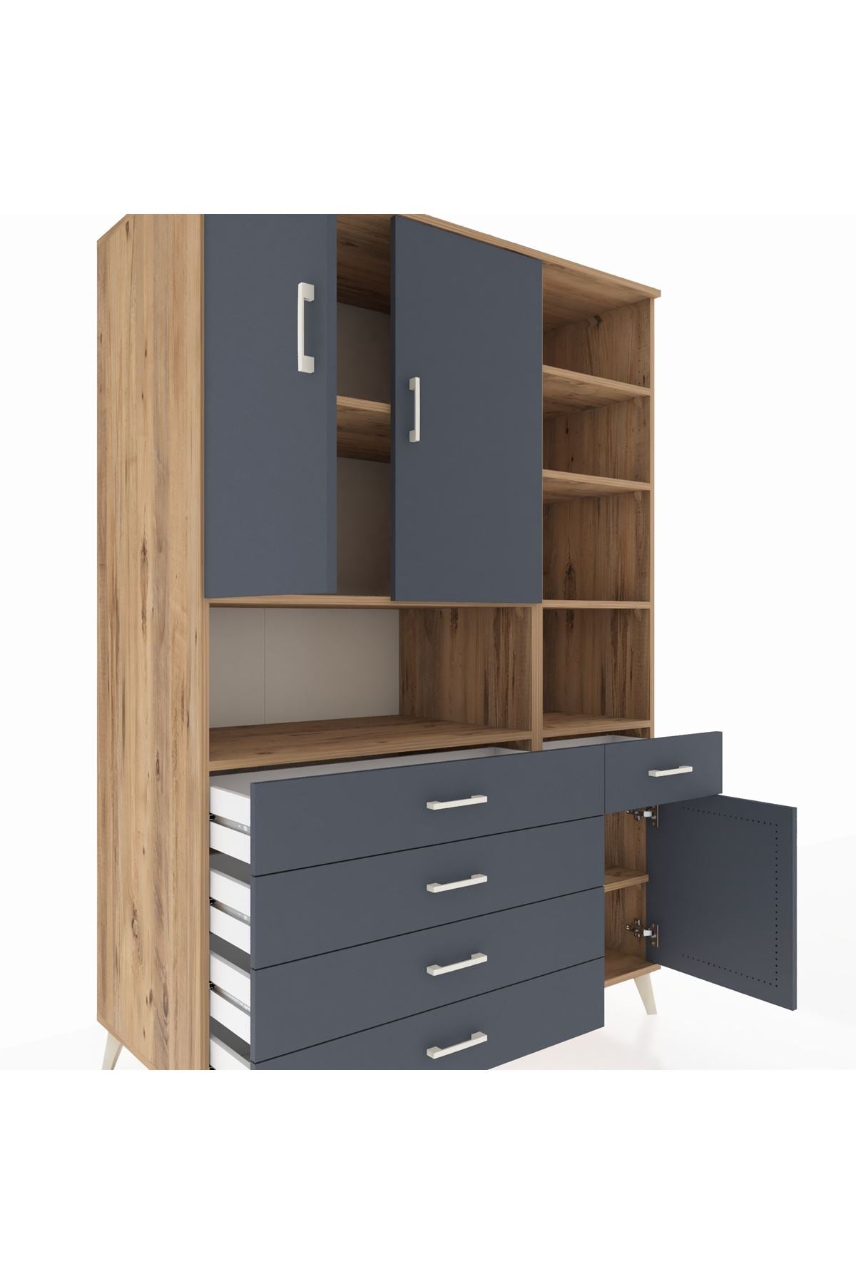 Kronos Dolap 8 Raflı 5 Çekmeceli 3 Kapaklı 132x59x195 Çam-Antrasit/Antrasit