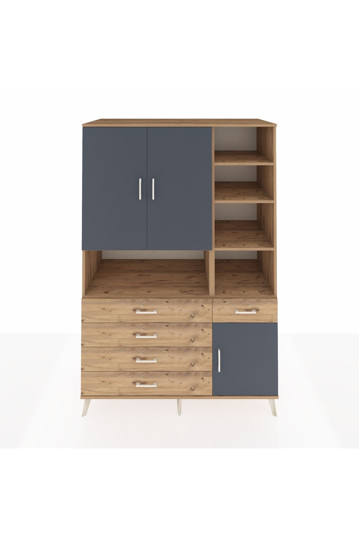 Kronos Dolap 8 Raflı 5 Çekmeceli 3 Kapaklı 132x59x195 Çam-Antrasit/Çam