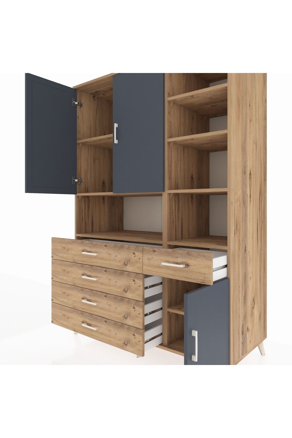 Kronos Dolap 8 Raflı 5 Çekmeceli 3 Kapaklı 132x59x195 Çam-Antrasit/Çam