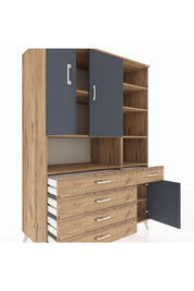 Kronos Dolap 8 Raflı 5 Çekmeceli 3 Kapaklı 132x59x195 Çam-Antrasit/Çam