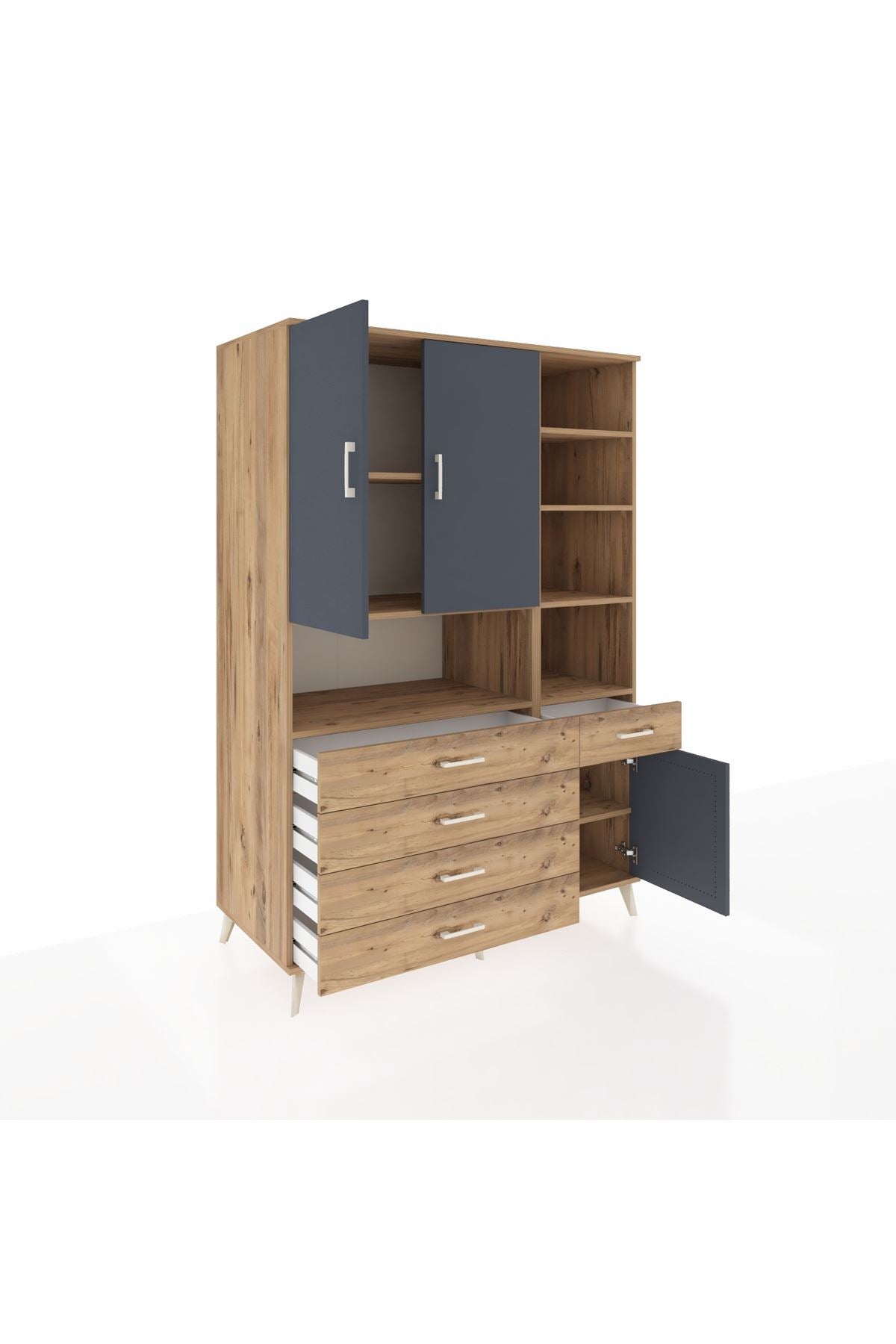 Kronos Dolap 8 Raflı 5 Çekmeceli 3 Kapaklı 132x59x195 Çam-Antrasit/Çam