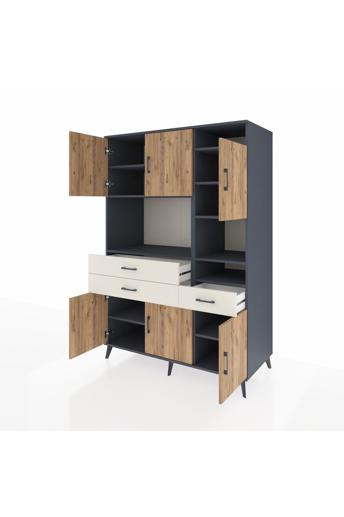 Kronos Dolap 10 Raflı 3 Çekmeceli 6 Kapaklı 132x59x195 Antrasit-Çam/Aytaşı