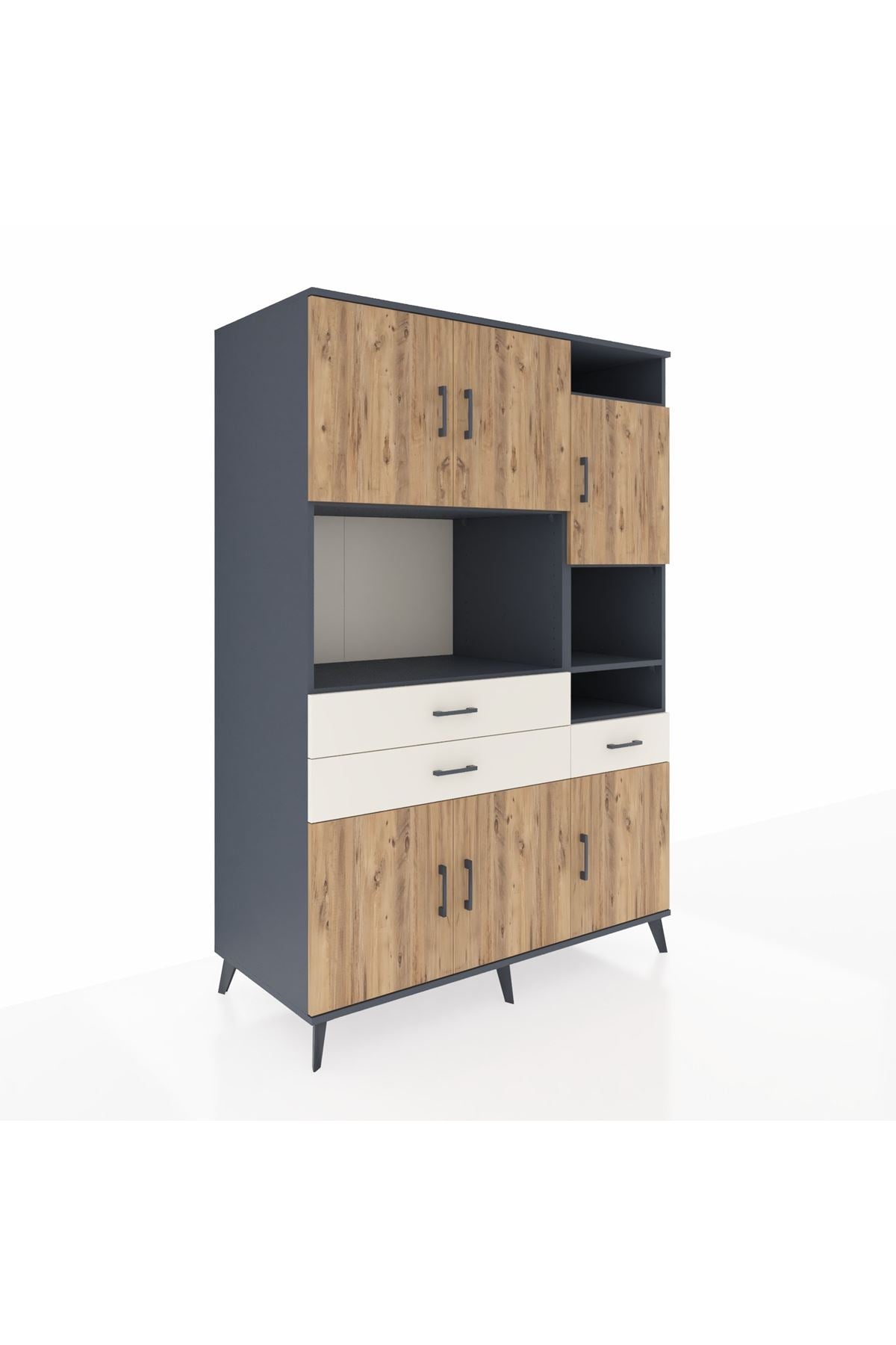 Kronos Dolap 10 Raflı 3 Çekmeceli 6 Kapaklı 132x59x195 Antrasit-Çam/Aytaşı