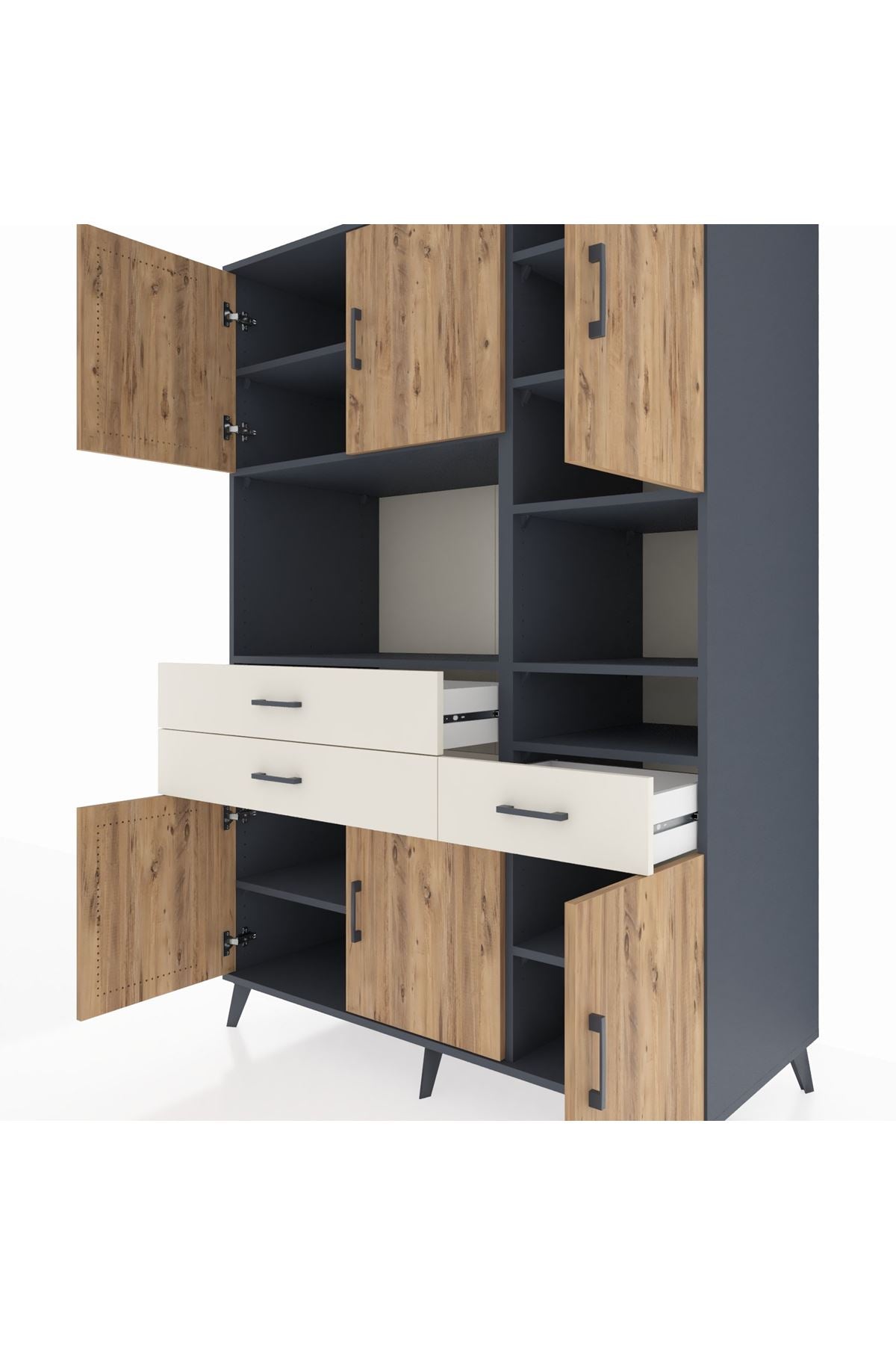 Kronos Dolap 10 Raflı 3 Çekmeceli 6 Kapaklı 132x59x195 Antrasit-Çam/Aytaşı