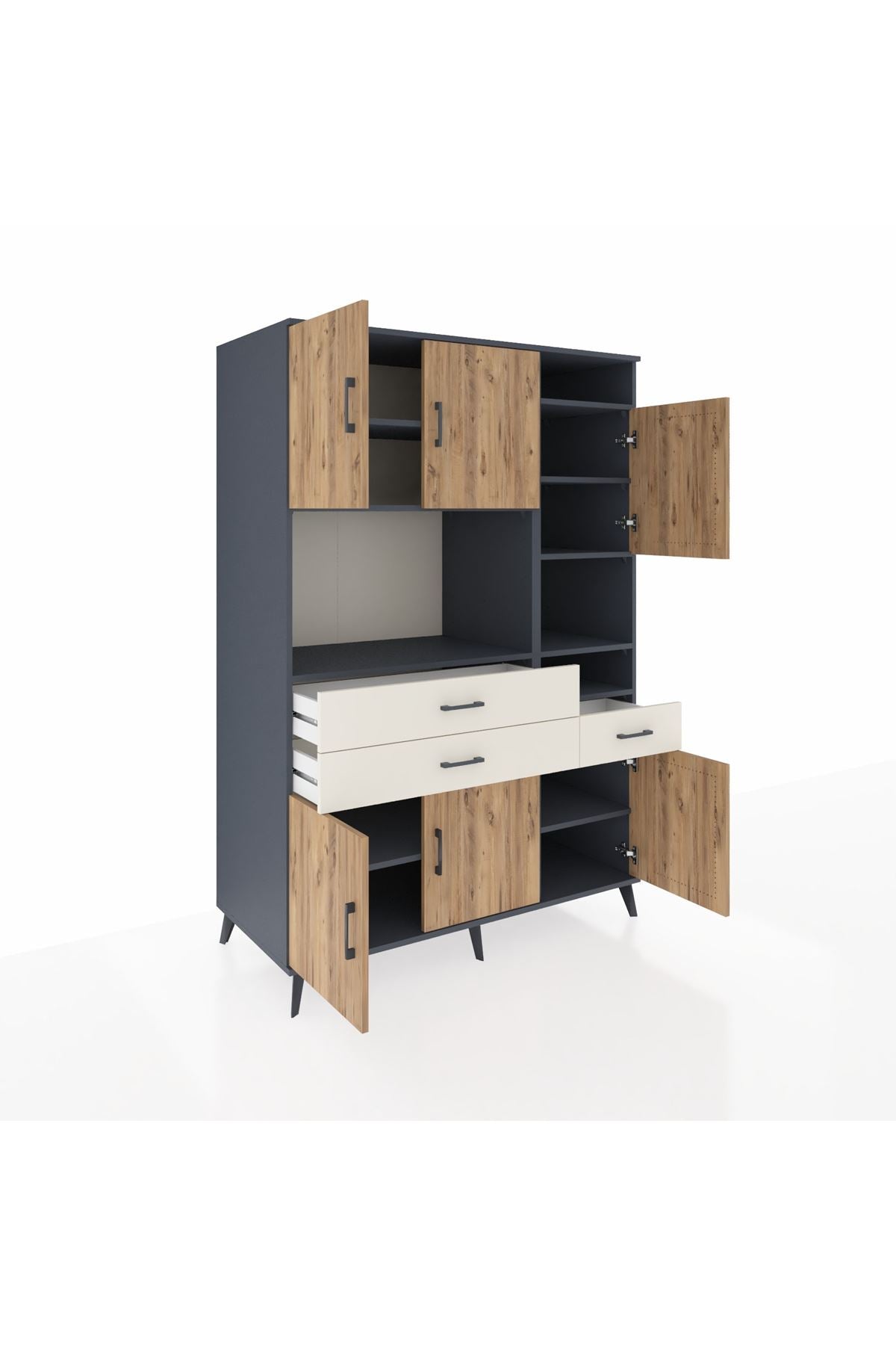 Kronos Dolap 10 Raflı 3 Çekmeceli 6 Kapaklı 132x59x195 Antrasit-Çam/Aytaşı