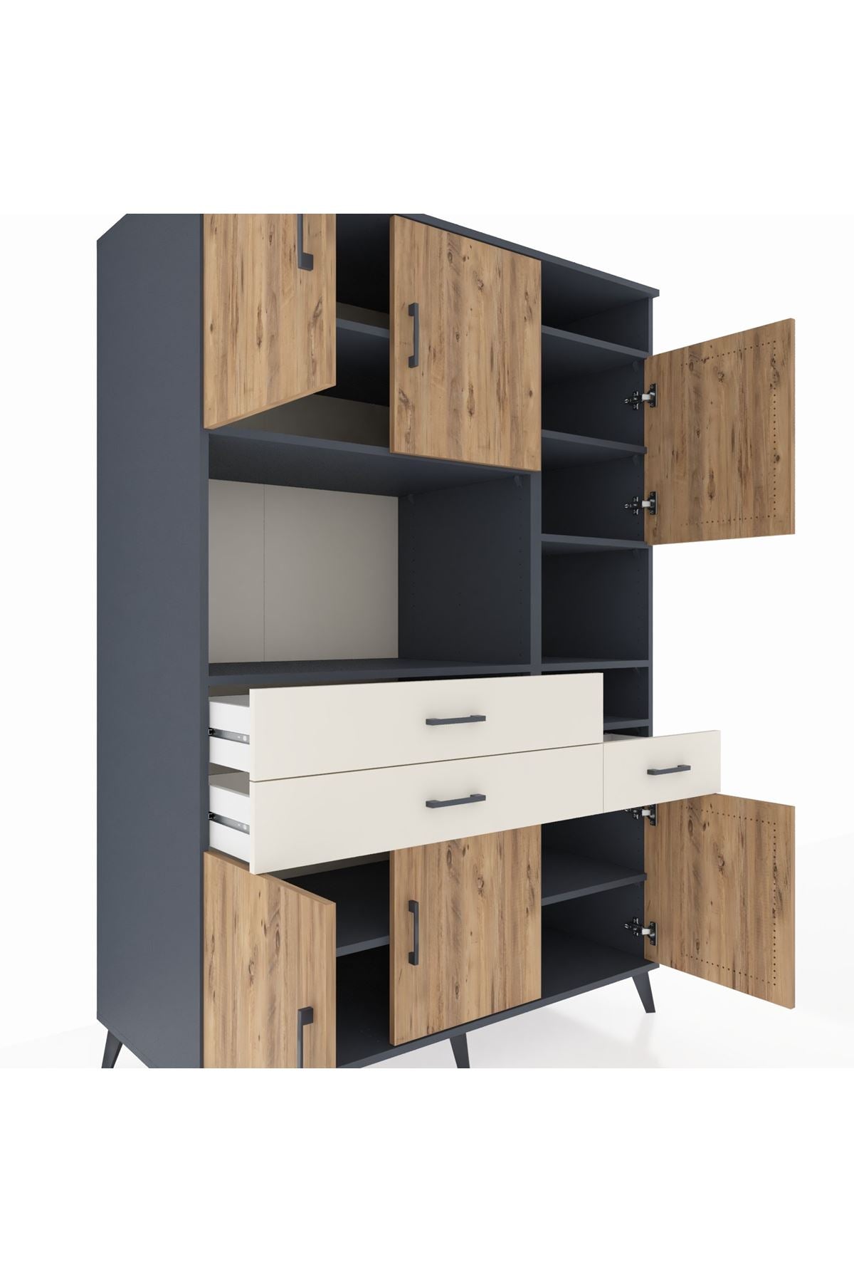 Kronos Dolap 10 Raflı 3 Çekmeceli 6 Kapaklı 132x59x195 Antrasit-Çam/Aytaşı