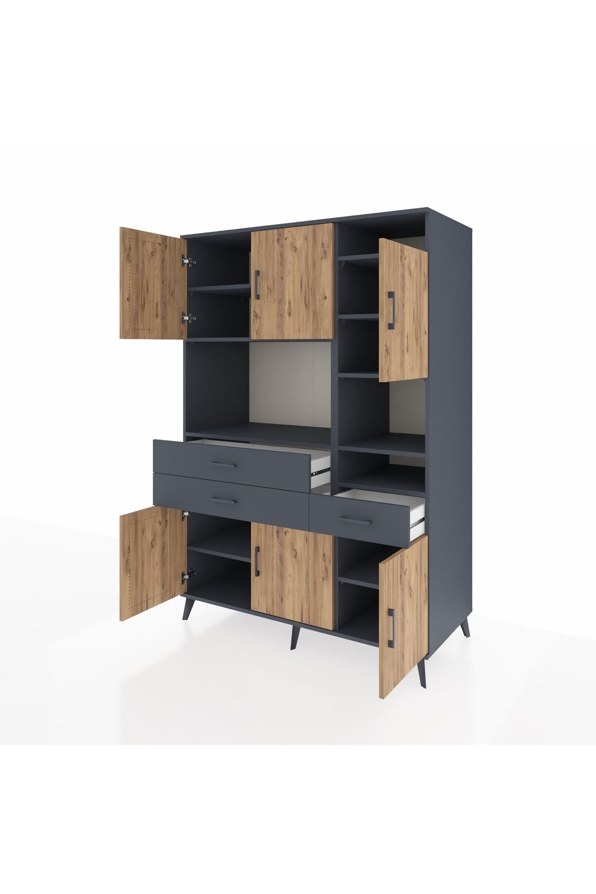 Kronos Dolap 10 Raflı 3 Çekmeceli 6 Kapaklı 132x59x195 Antrasit-Çam/Antrasit