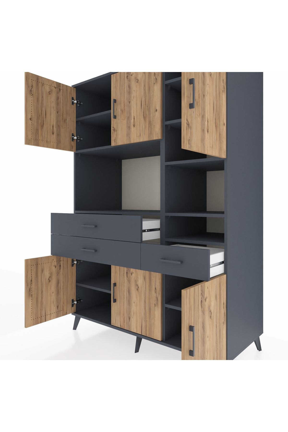 Kronos Dolap 10 Raflı 3 Çekmeceli 6 Kapaklı 132x59x195 Antrasit-Çam/Antrasit