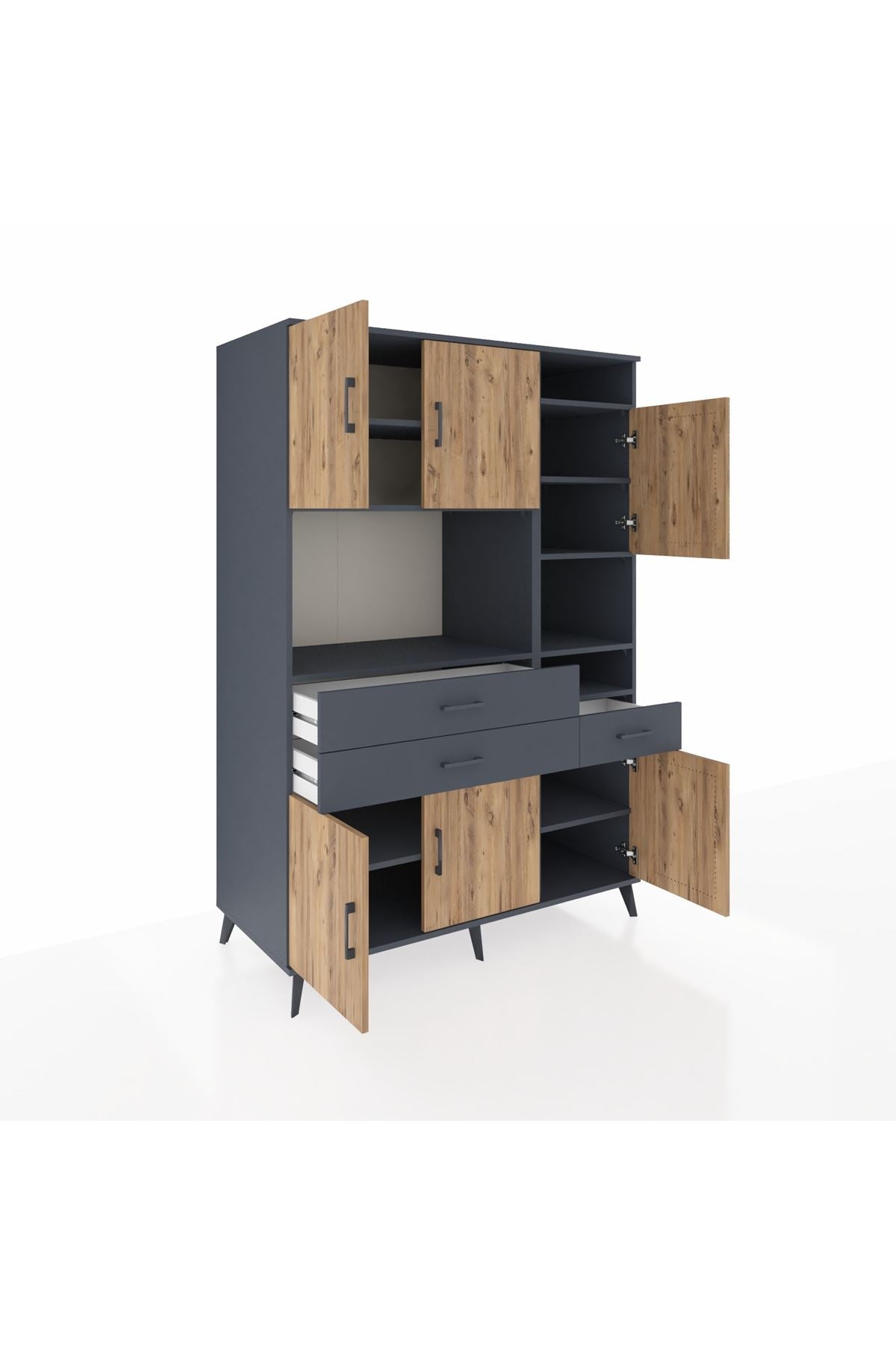 Kronos Dolap 10 Raflı 3 Çekmeceli 6 Kapaklı 132x59x195 Antrasit-Çam/Antrasit