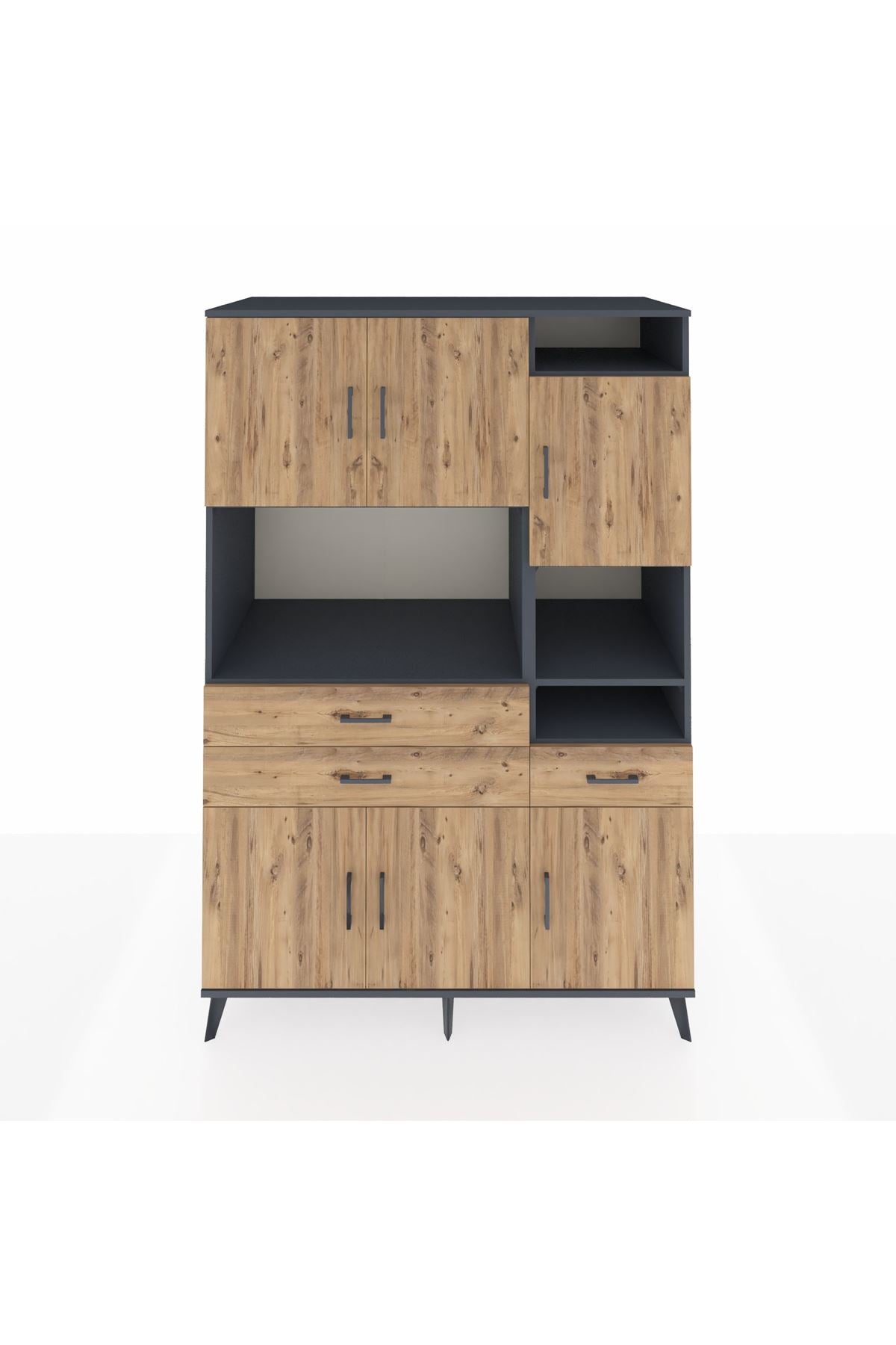 Kronos Dolap 10 Raflı 3 Çekmeceli 6 Kapaklı 132x59x195 Antrasit-Çam/Çam