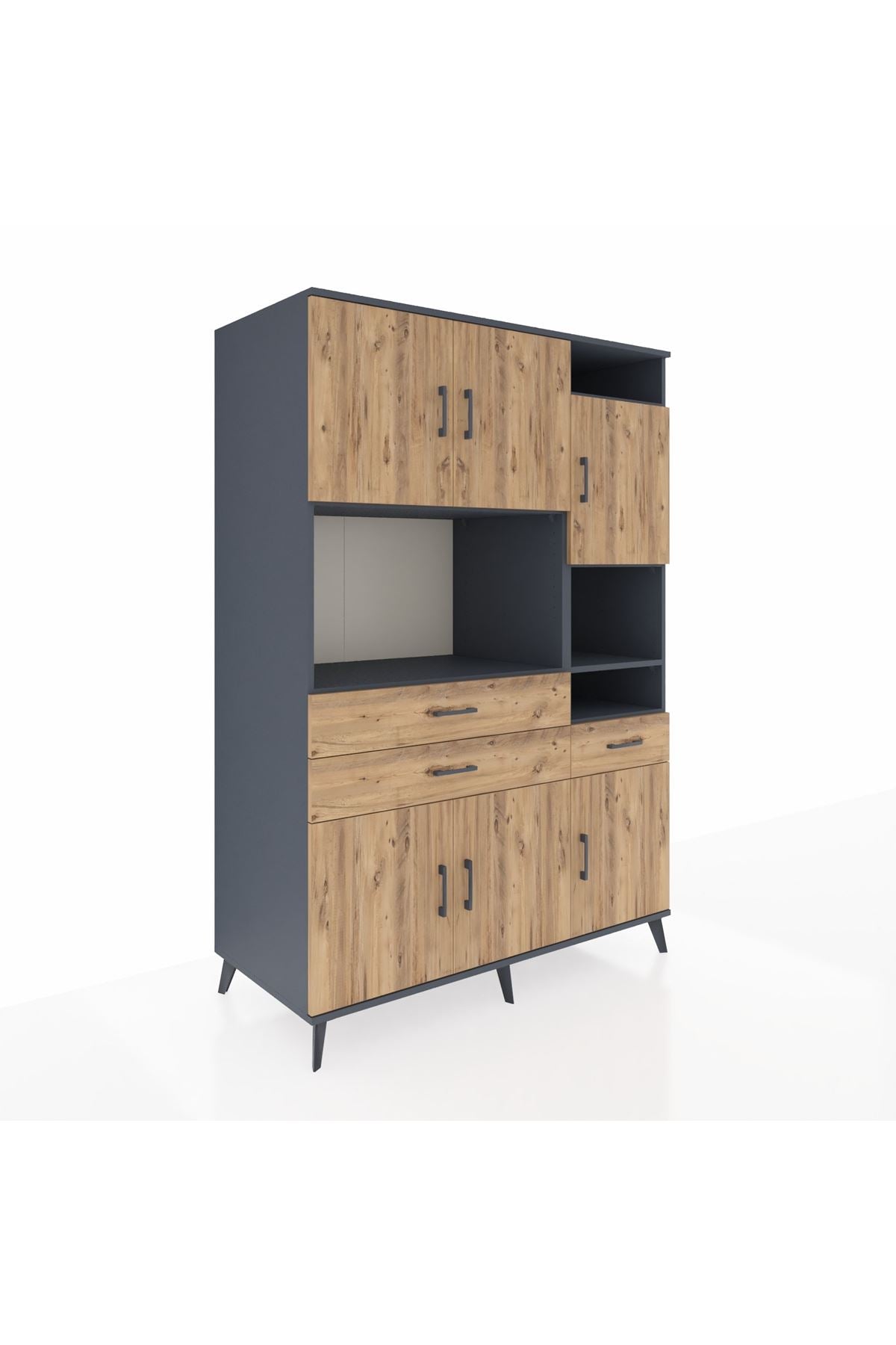 Kronos Dolap 10 Raflı 3 Çekmeceli 6 Kapaklı 132x59x195 Antrasit-Çam/Çam