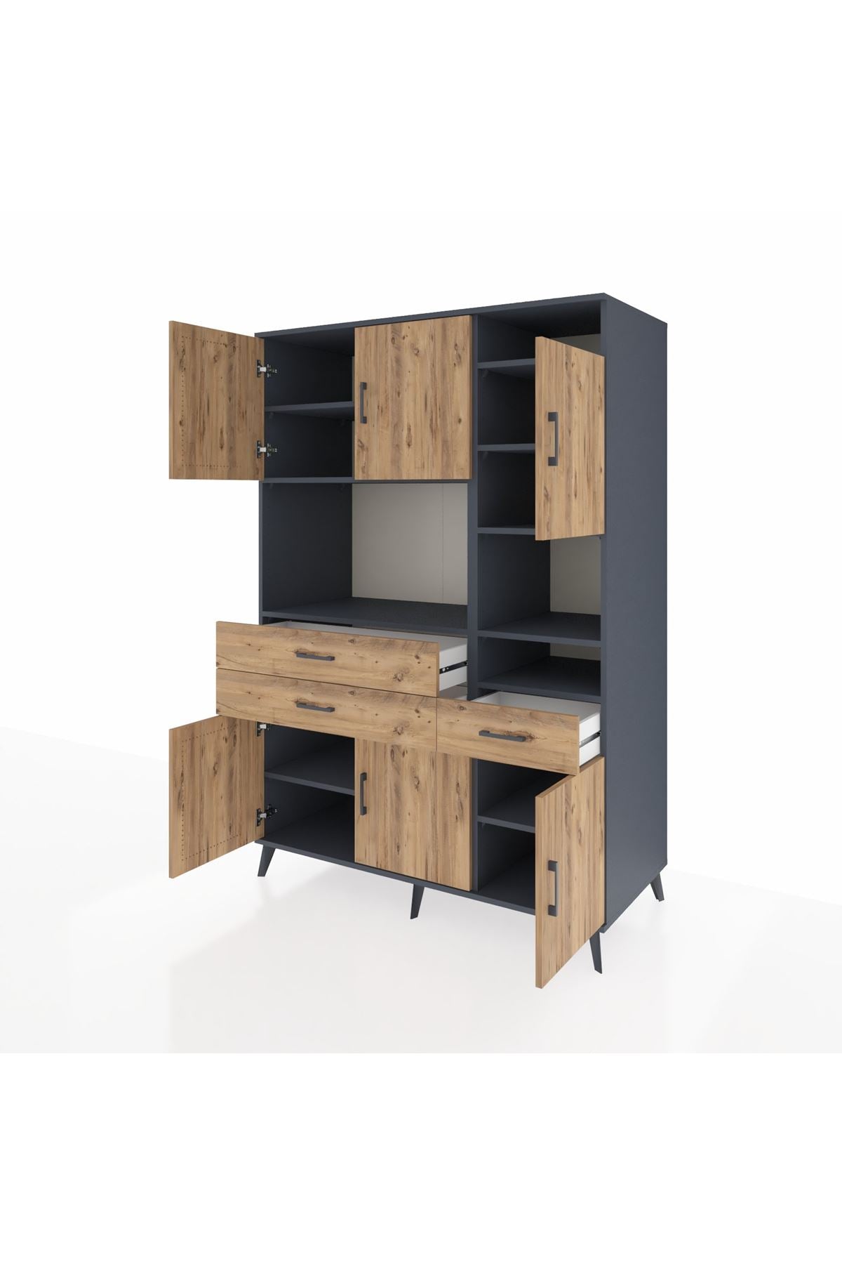 Kronos Dolap 10 Raflı 3 Çekmeceli 6 Kapaklı 132x59x195 Antrasit-Çam/Çam