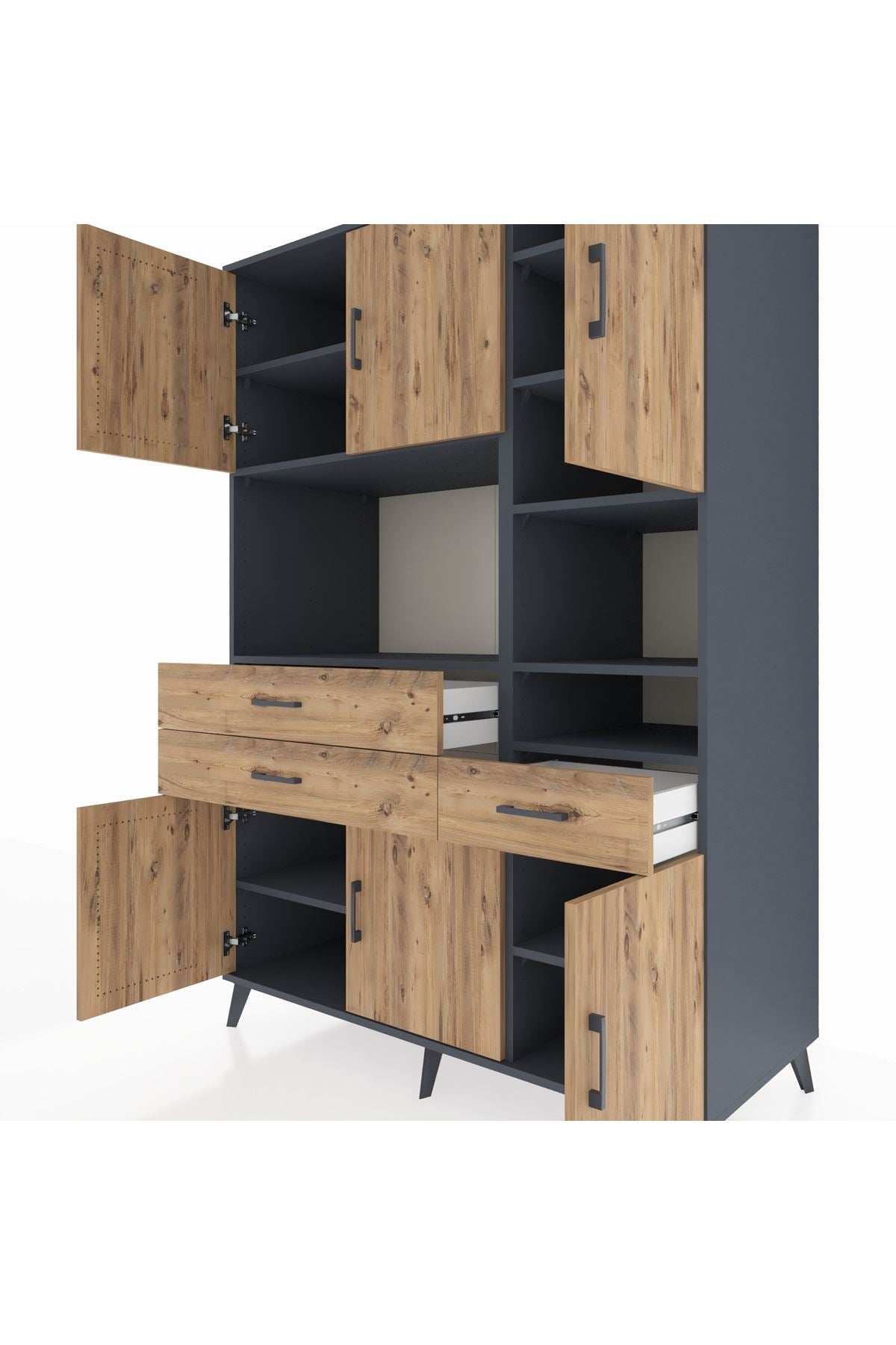 Kronos Dolap 10 Raflı 3 Çekmeceli 6 Kapaklı 132x59x195 Antrasit-Çam/Çam